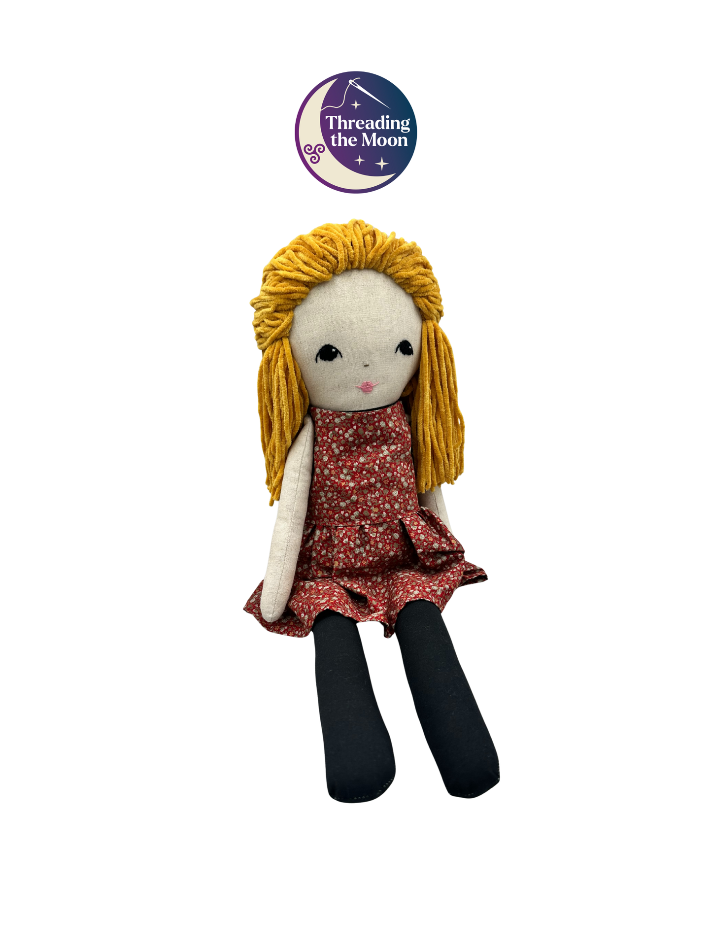 Extra Large Handmade Linen Cloth Doll – Golden Wool Hair & Ditsy Dress – Heirloom Art Doll