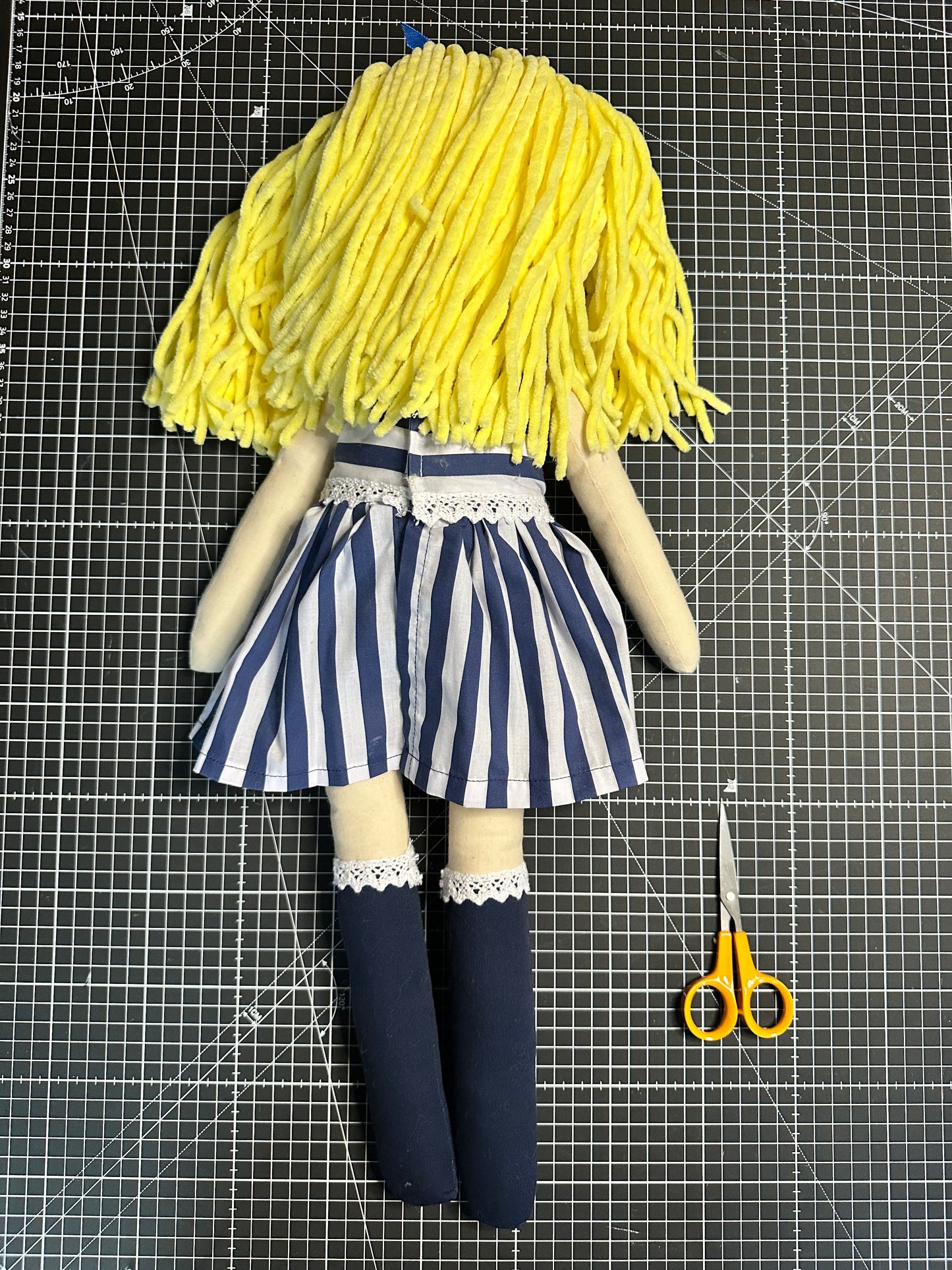 Extra Large Handmade Cloth Doll – Navy Stripe Dress & Blonde Wool Hair – Heirloom Art Doll