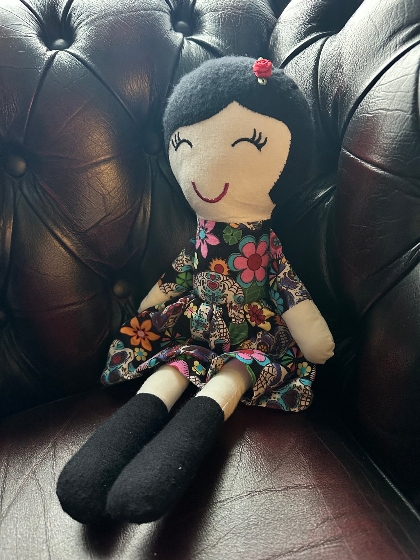 Handmade Folk Art Cloth Doll – 1920s Bob Hair & Skull Print Dress