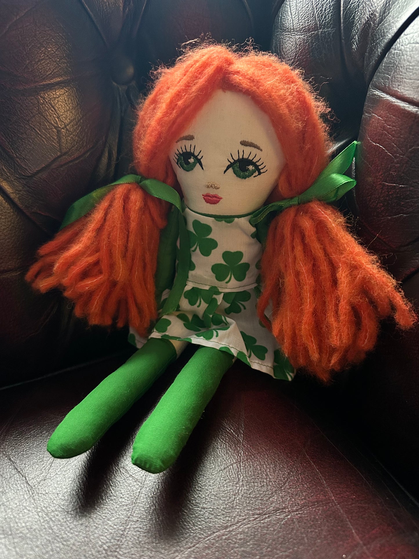 Handmade Irish Cloth Doll – Shamrock Dress & Plaited Wool Hair – Embroidered Art Doll