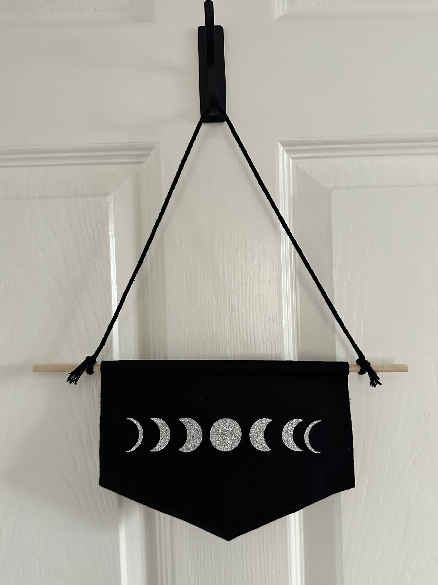 Moon Phases Mini Wall Hanging – Pagan Felt Banner with Silver Glitter