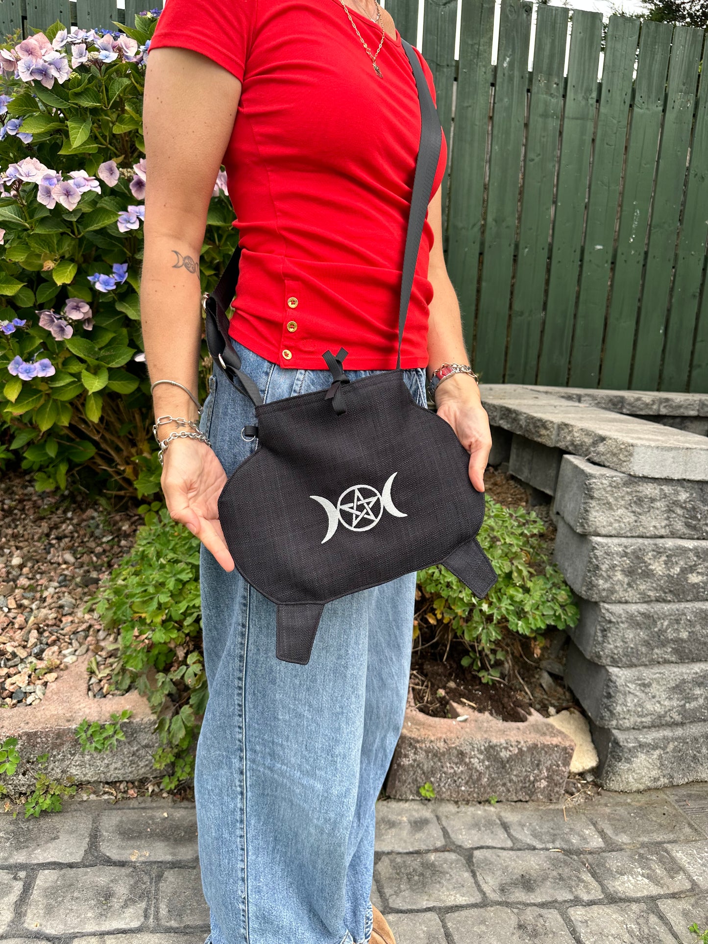 Small Black Cauldron Bag / Crossbody Purse - Triple Goddess Pentagram Edition