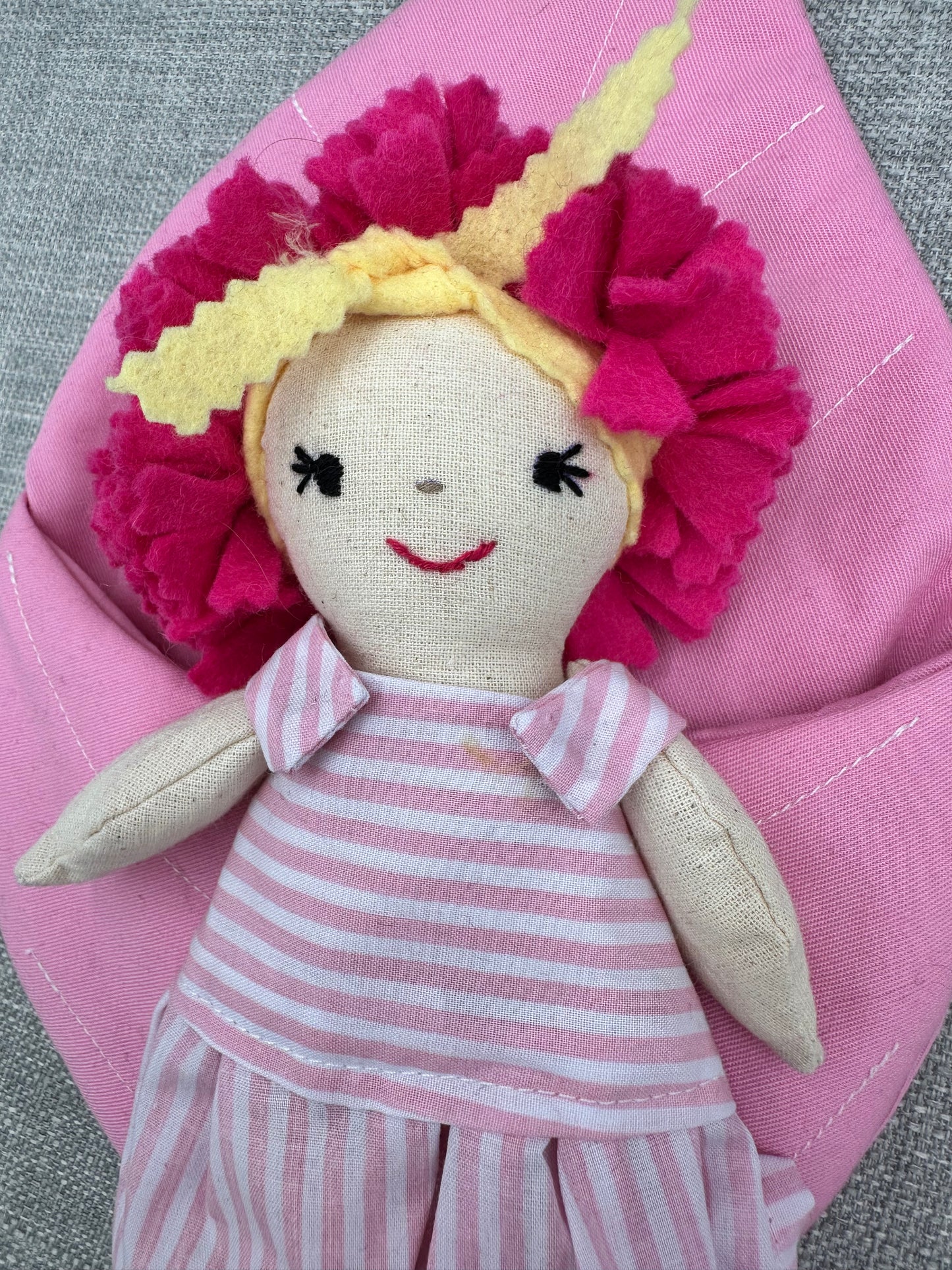 Handmade Pink Flower Doll in Leaf Bed - Mini Cloth Art Doll