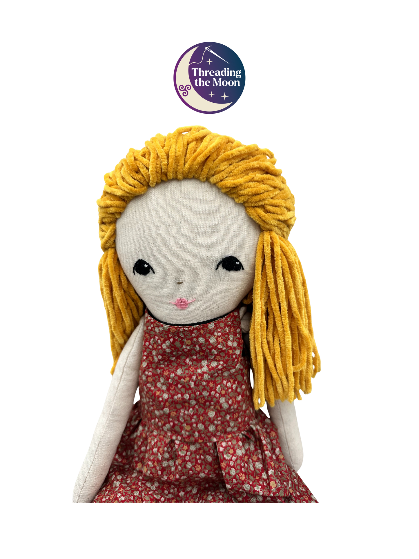 Extra Large Handmade Linen Cloth Doll – Golden Wool Hair & Ditsy Dress – Heirloom Art Doll