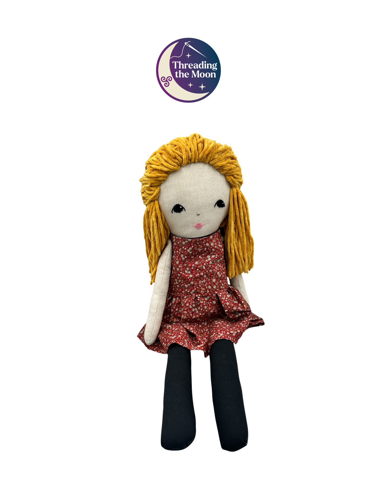 Extra Large Handmade Linen Cloth Doll – Golden Wool Hair & Ditsy Dress – Heirloom Art Doll