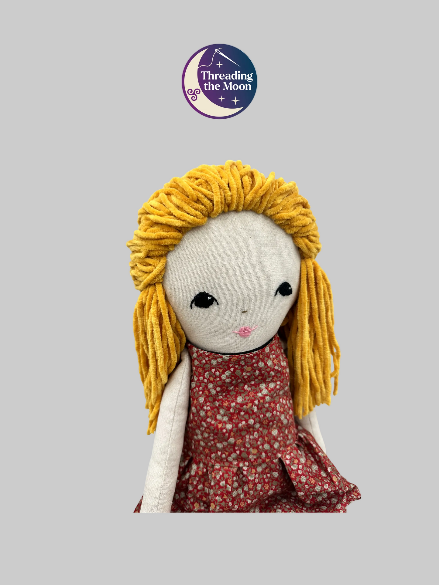 Extra Large Handmade Linen Cloth Doll – Golden Wool Hair & Ditsy Dress – Heirloom Art Doll
