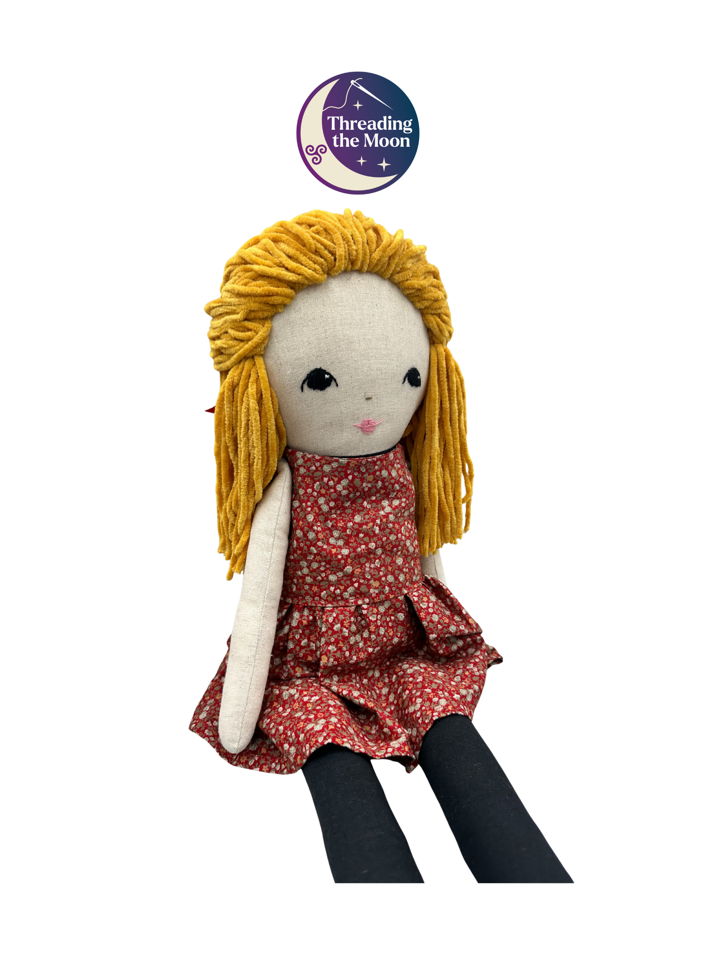 Extra Large Handmade Linen Cloth Doll – Golden Wool Hair & Ditsy Dress – Heirloom Art Doll