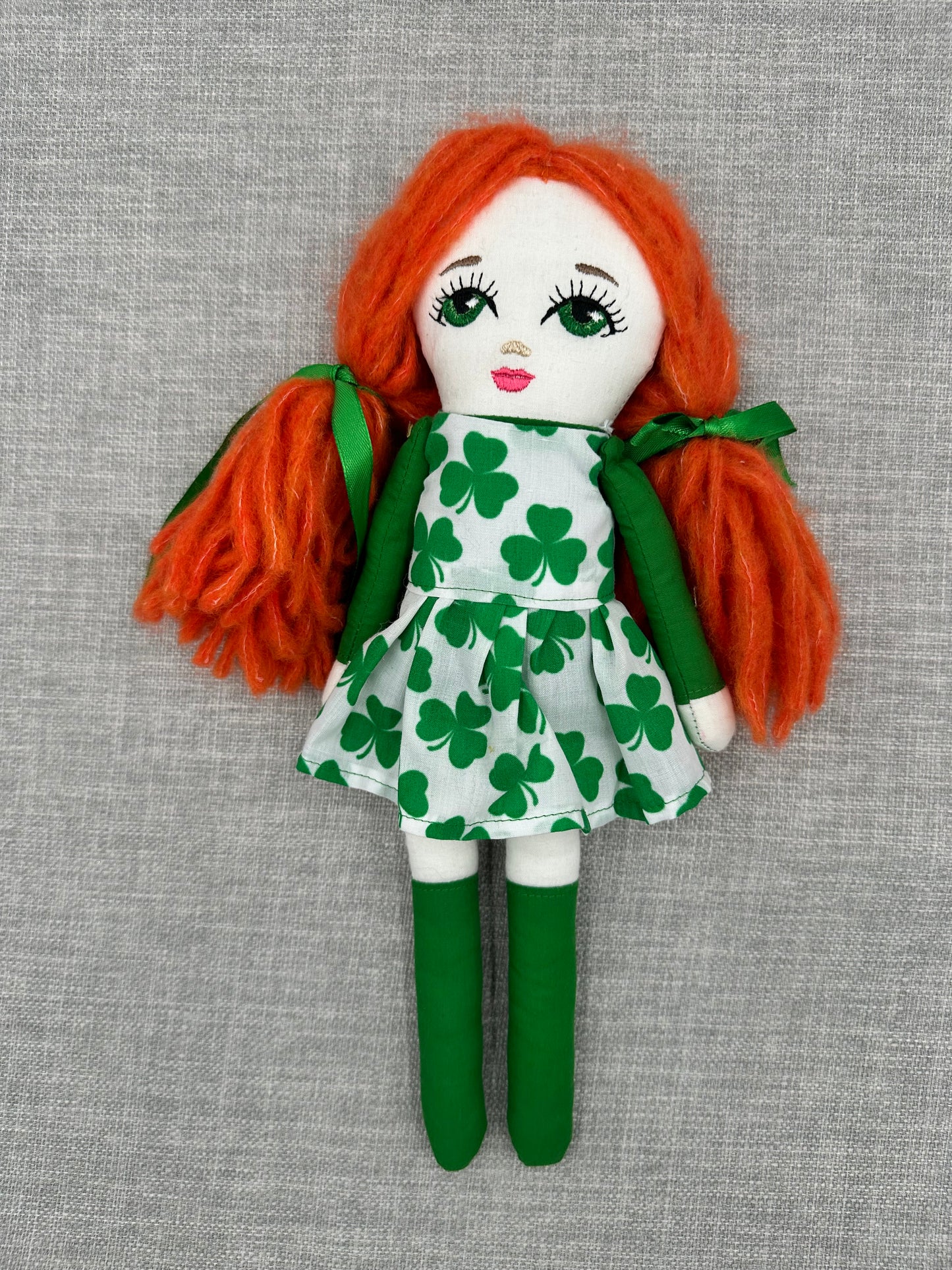 Handmade Irish Cloth Doll – Shamrock Dress & Plaited Wool Hair – Embroidered Art Doll