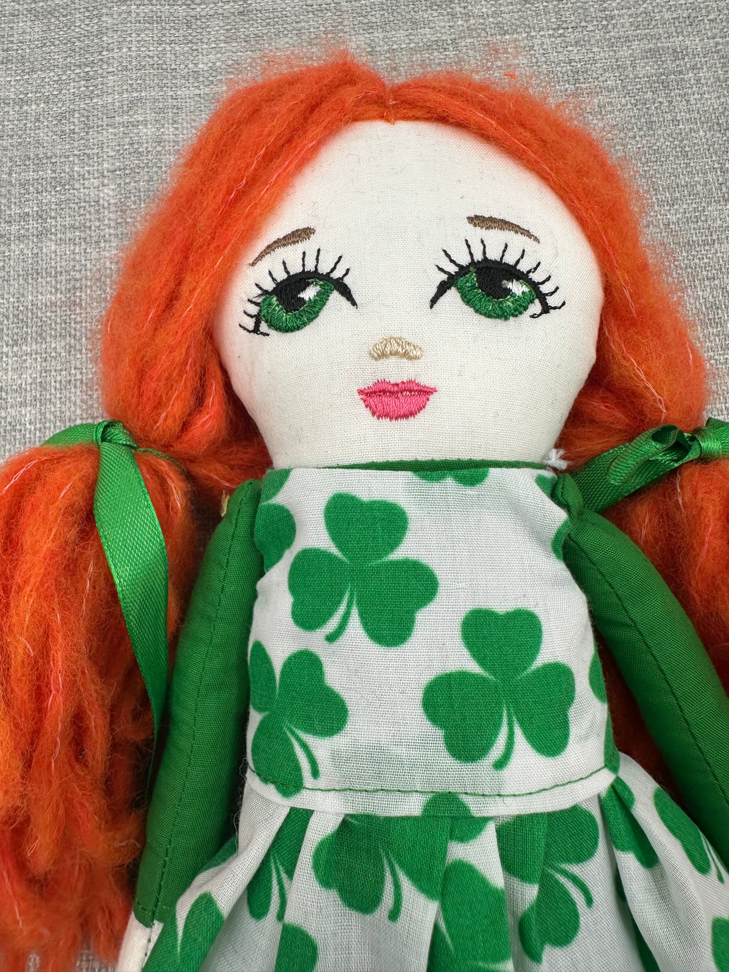 Handmade Irish Cloth Doll – Shamrock Dress & Plaited Wool Hair – Embroidered Art Doll