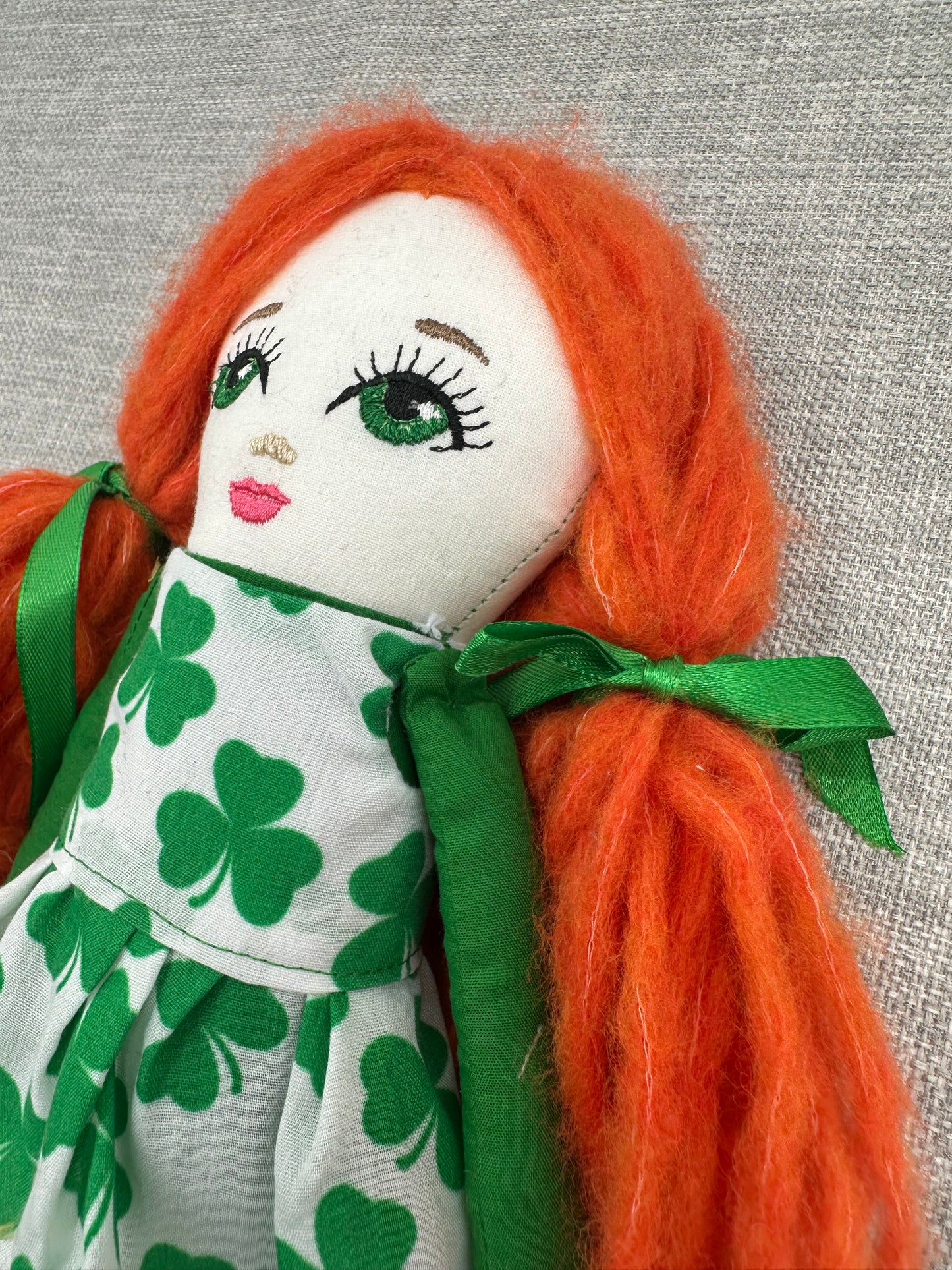 Handmade Irish Cloth Doll – Shamrock Dress & Plaited Wool Hair – Embroidered Art Doll