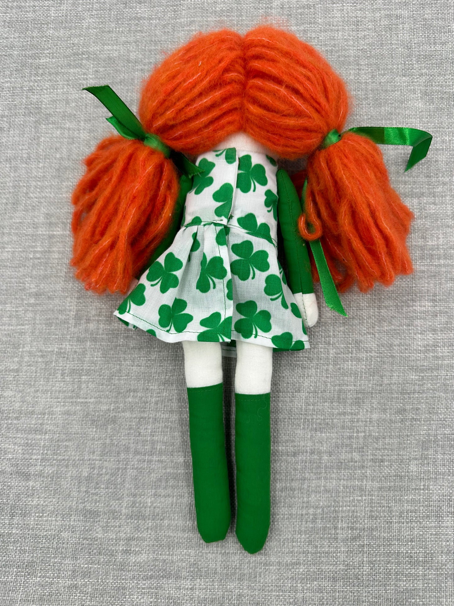 Handmade Irish Cloth Doll – Shamrock Dress & Plaited Wool Hair – Embroidered Art Doll