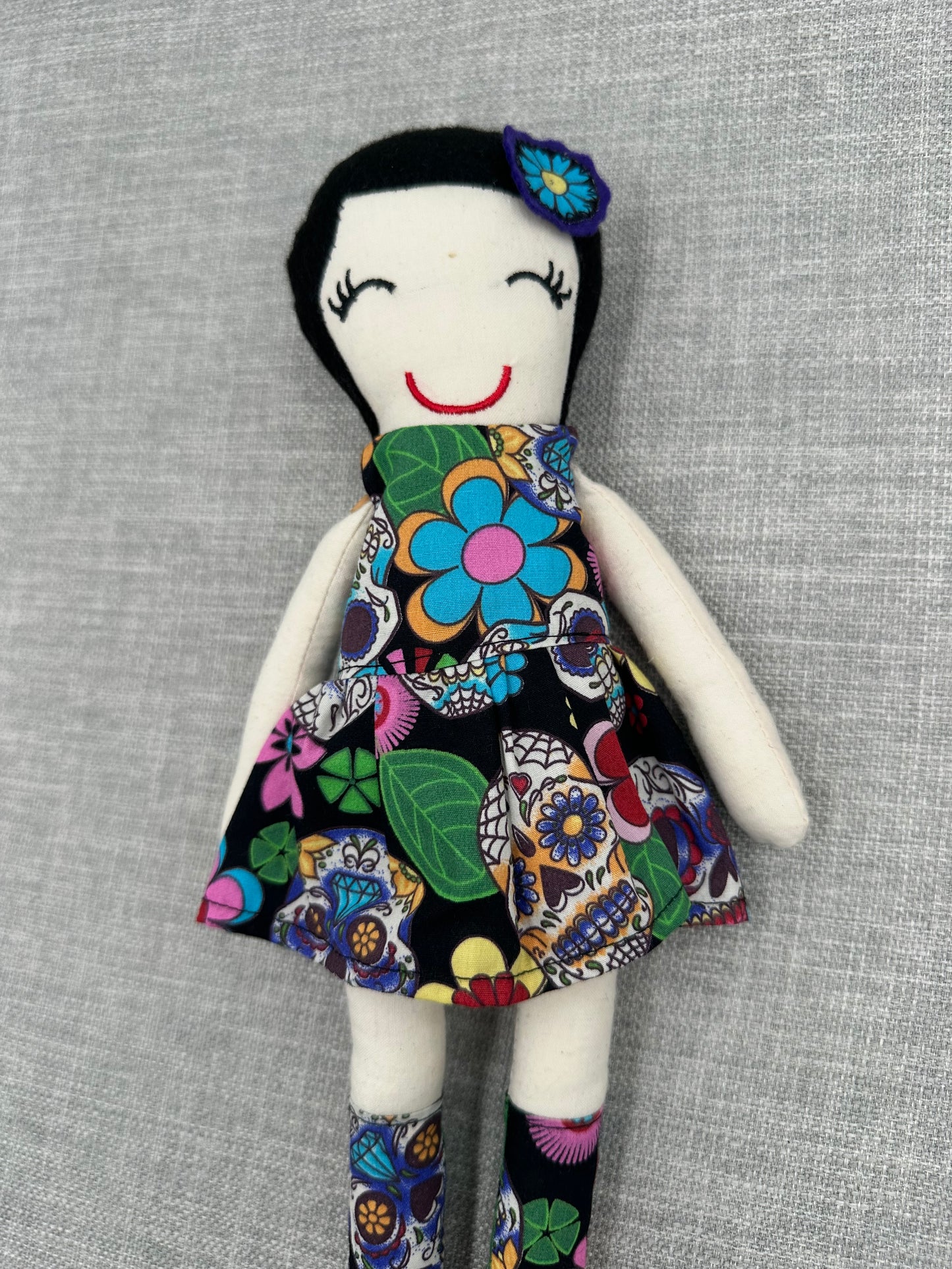 Handmade Folk Art Cloth Doll – 1920s Bob Hair & Skull Print Dress