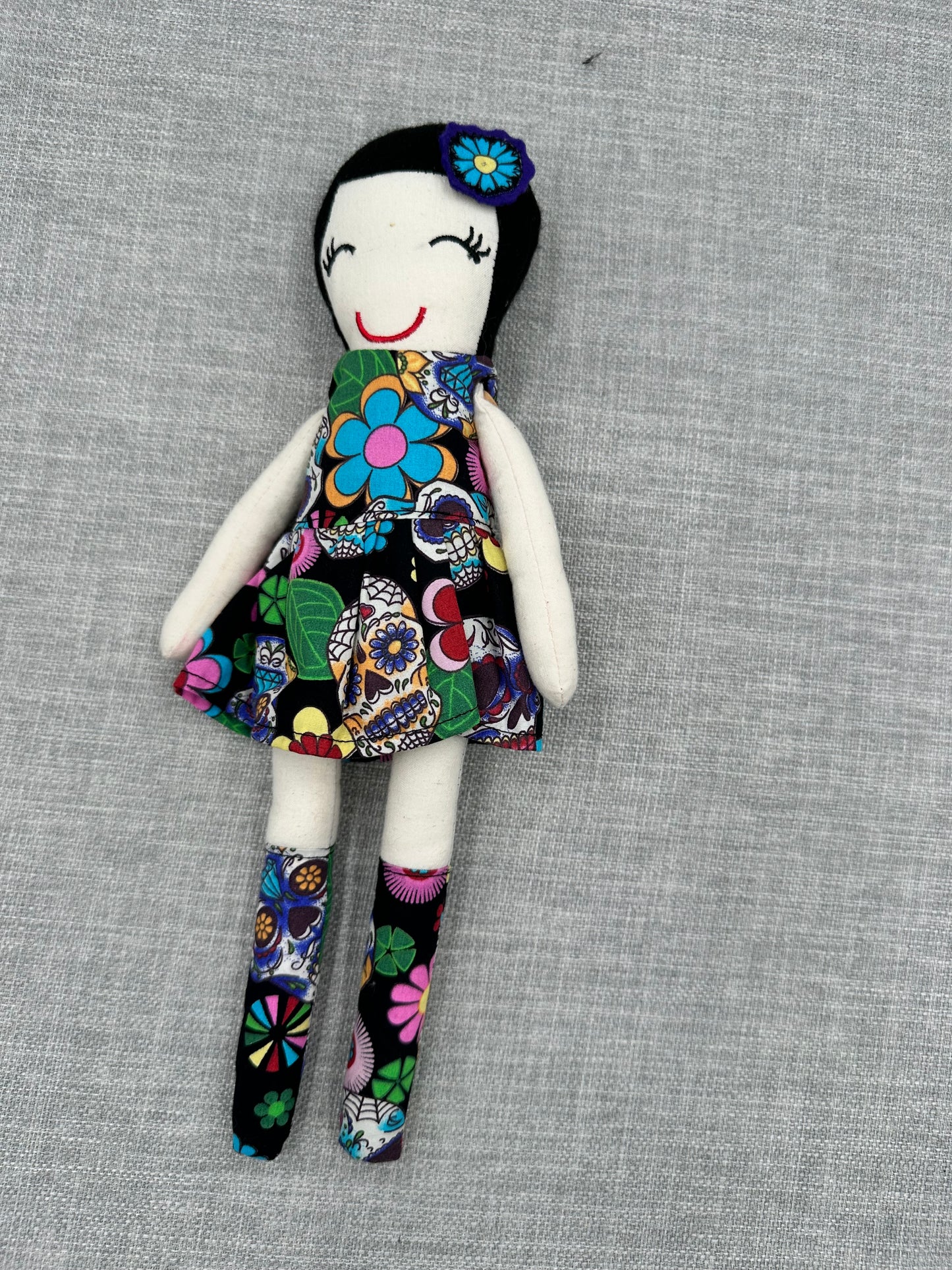 Handmade Folk Art Cloth Doll – 1920s Bob Hair & Skull Print Dress