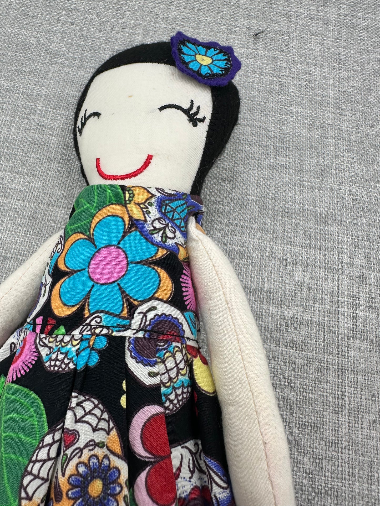 Handmade Folk Art Cloth Doll – 1920s Bob Hair & Skull Print Dress