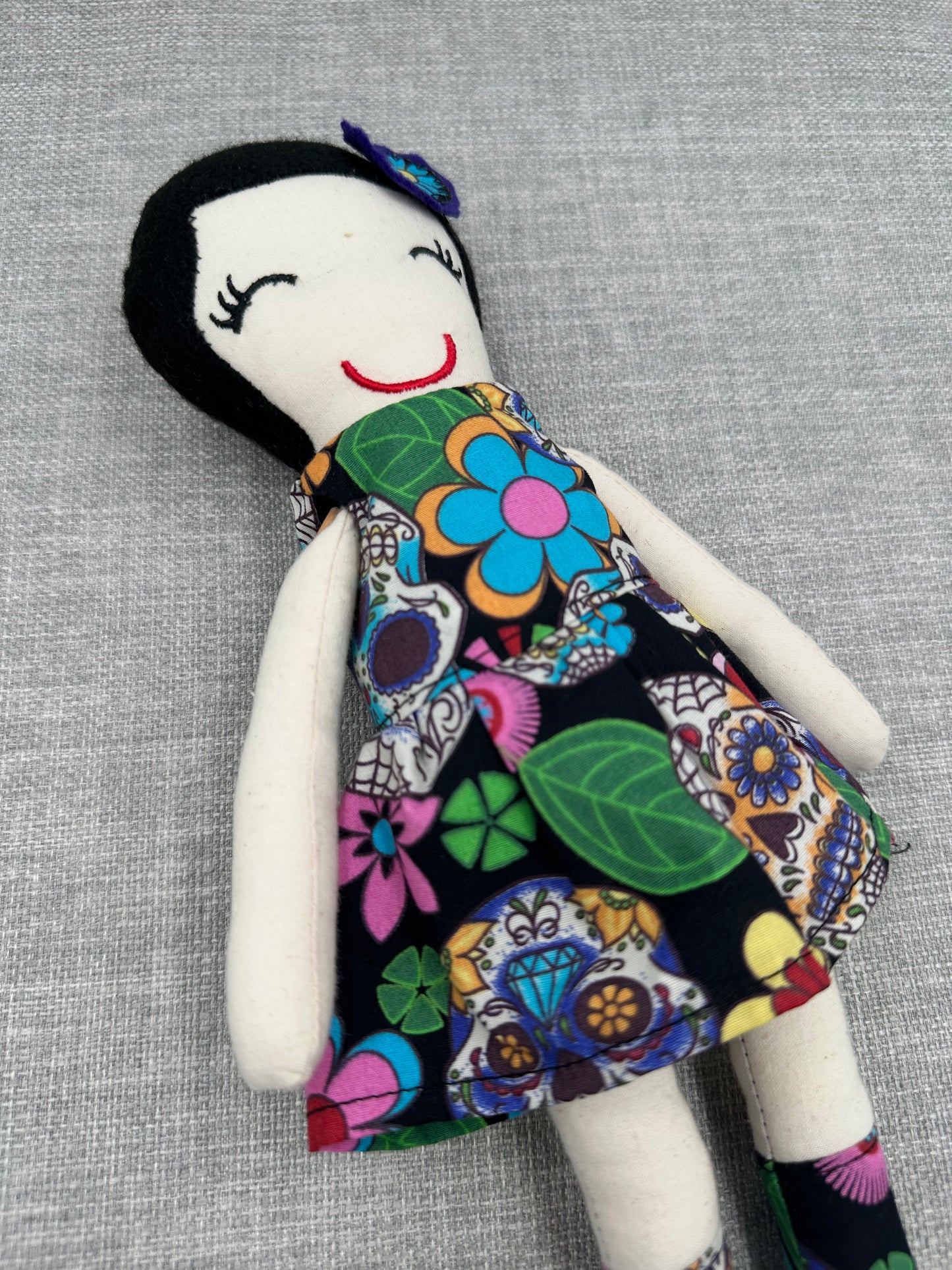 Handmade Folk Art Cloth Doll – 1920s Bob Hair & Skull Print Dress