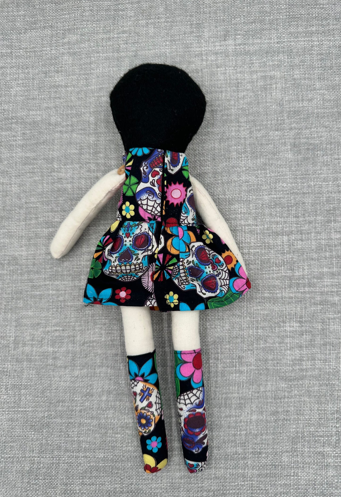 Handmade Folk Art Cloth Doll – 1920s Bob Hair & Skull Print Dress