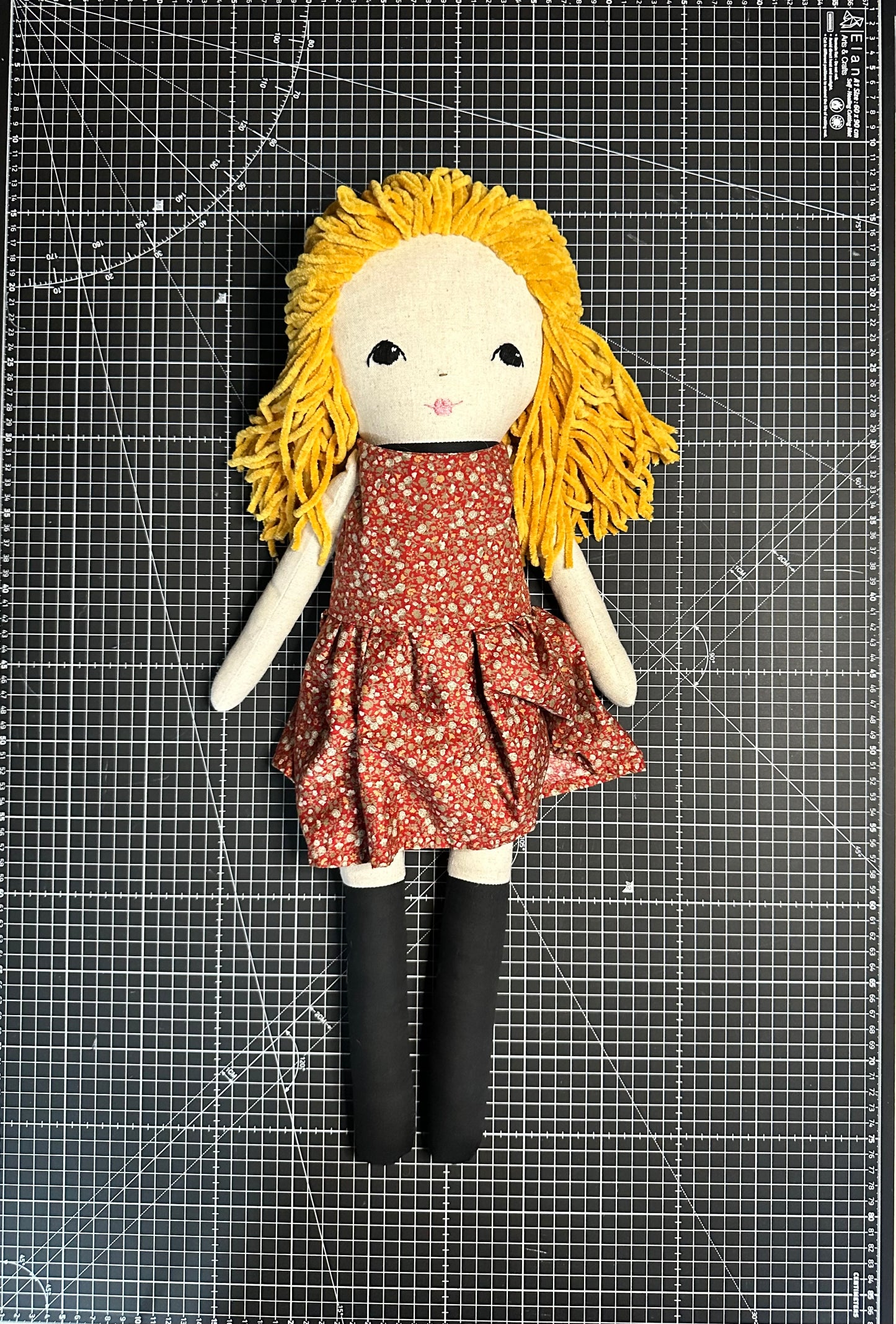 Extra Large Handmade Linen Cloth Doll – Golden Wool Hair & Ditsy Dress – Heirloom Art Doll