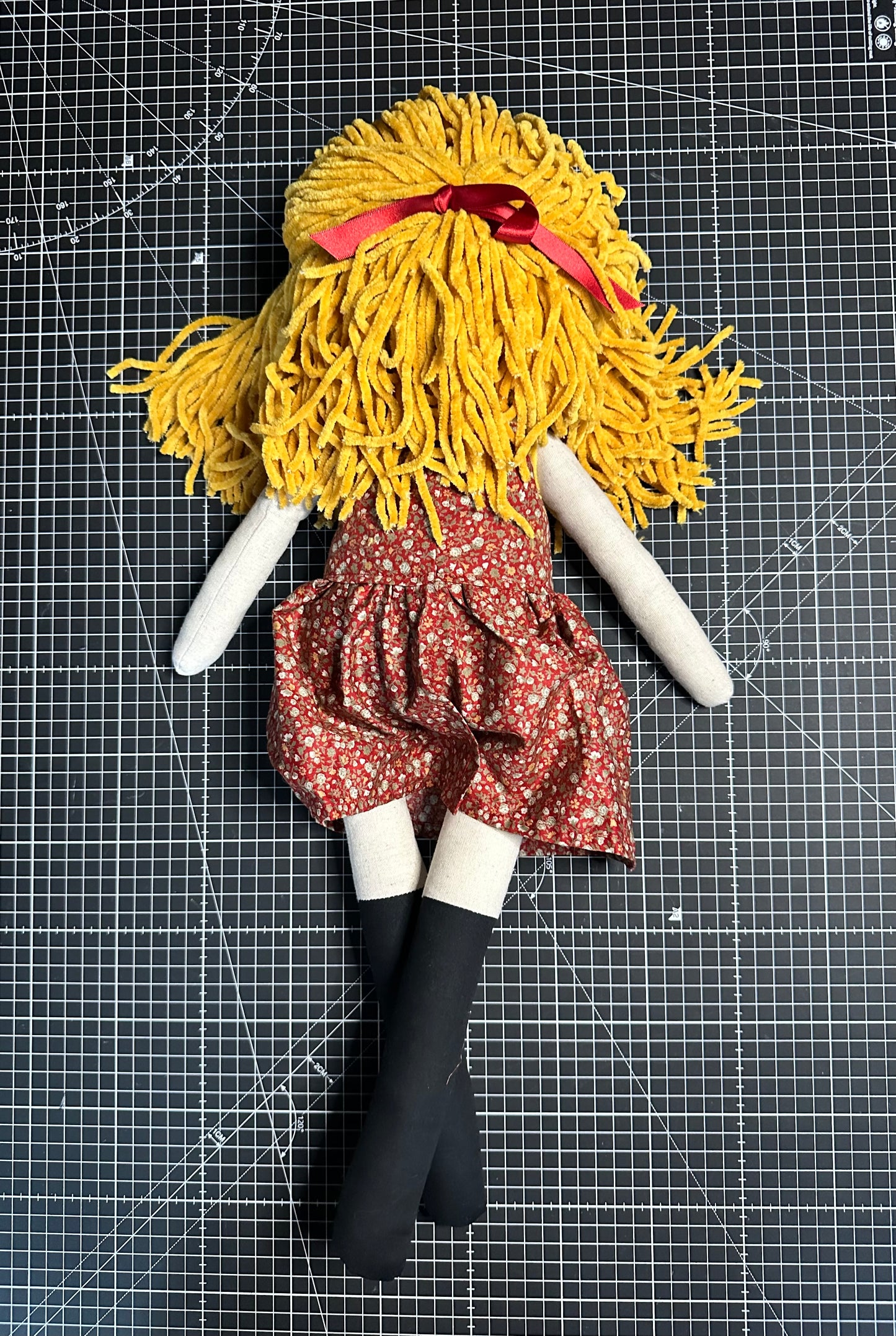 Extra Large Handmade Linen Cloth Doll – Golden Wool Hair & Ditsy Dress – Heirloom Art Doll