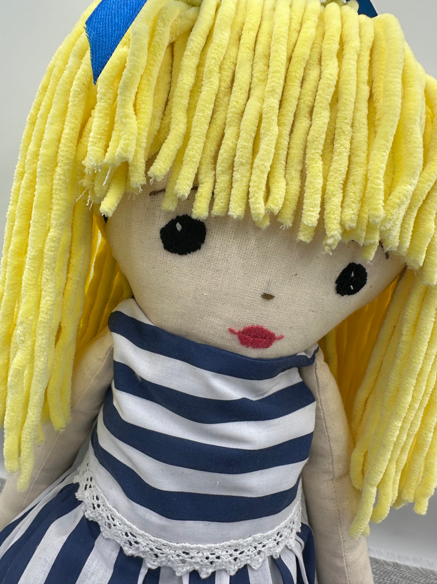 Extra Large Handmade Cloth Doll – Navy Stripe Dress & Blonde Wool Hair – Heirloom Art Doll