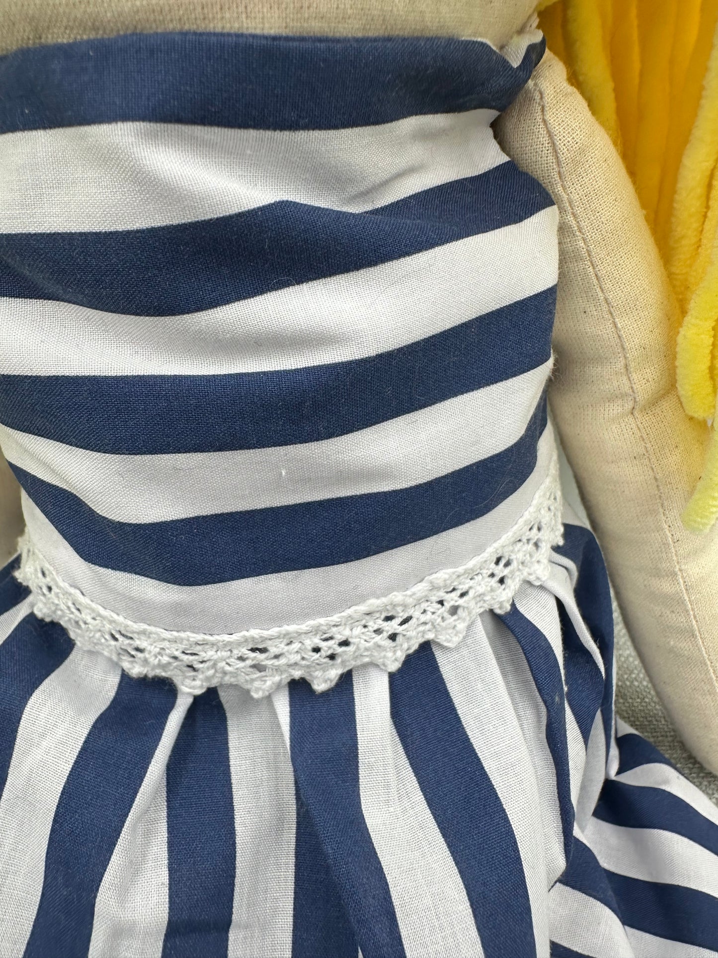 Extra Large Handmade Cloth Doll – Navy Stripe Dress & Blonde Wool Hair – Heirloom Art Doll