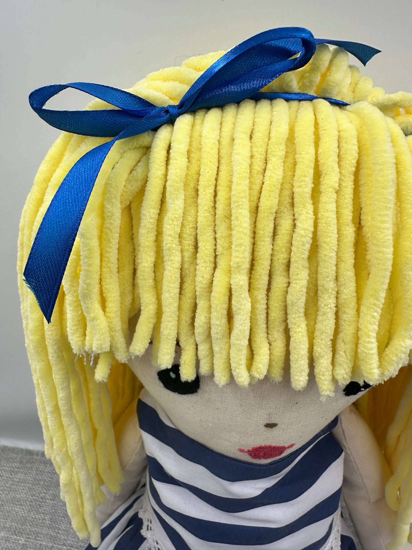 Extra Large Handmade Cloth Doll – Navy Stripe Dress & Blonde Wool Hair – Heirloom Art Doll