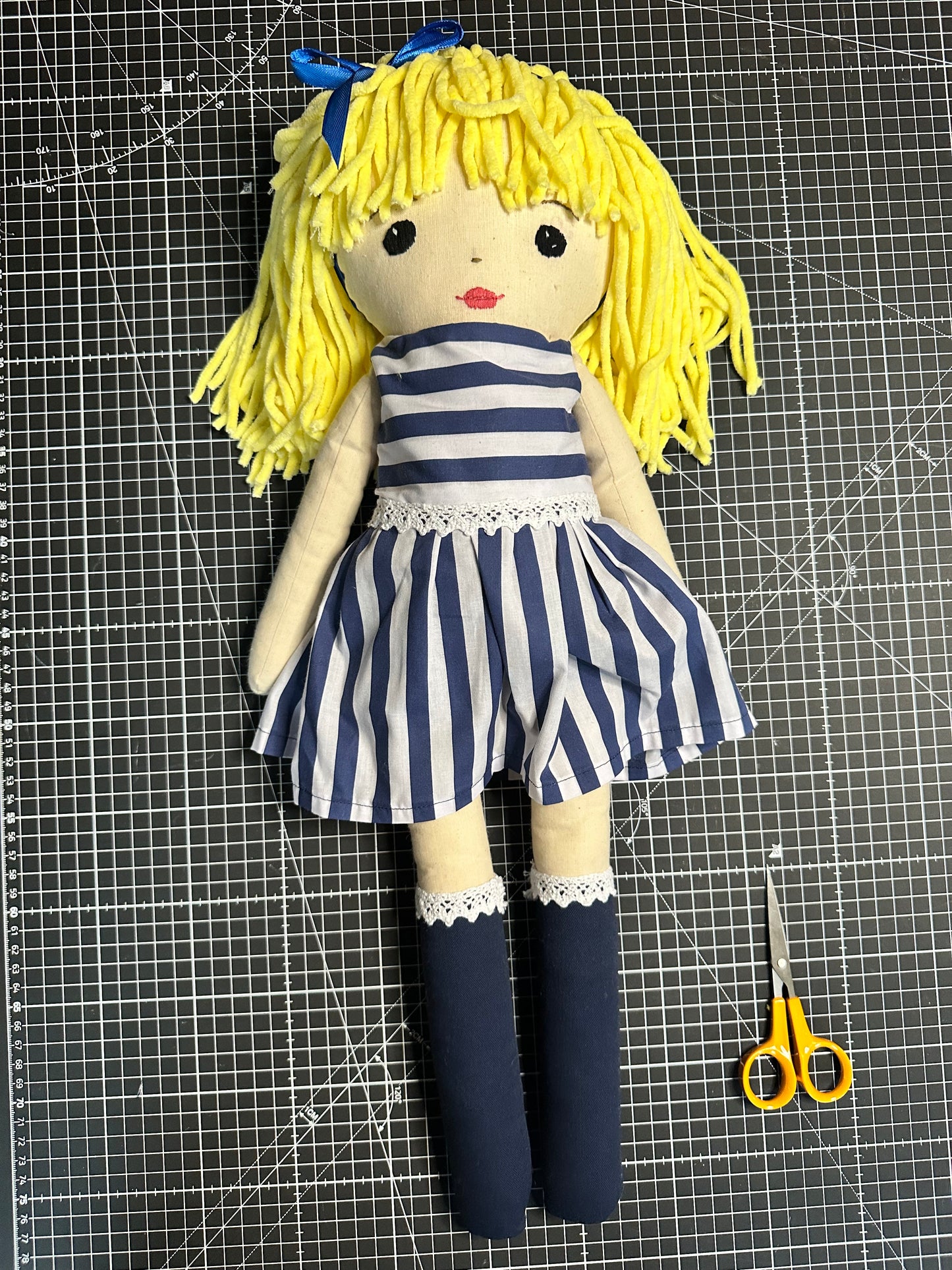 Extra Large Handmade Cloth Doll – Navy Stripe Dress & Blonde Wool Hair – Heirloom Art Doll