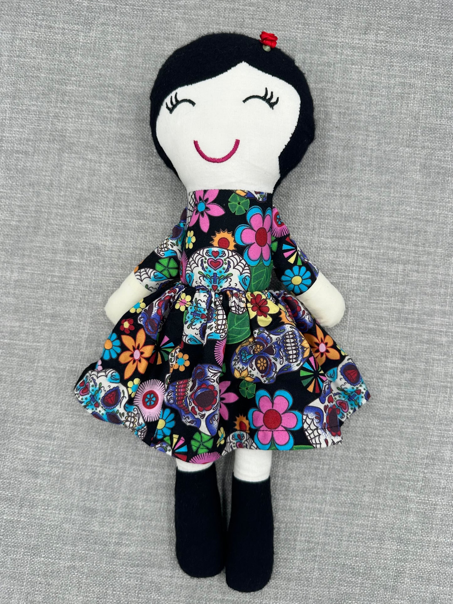 Handmade Folk Art Cloth Doll – 1920s Bob Hair & Skull Print Dress
