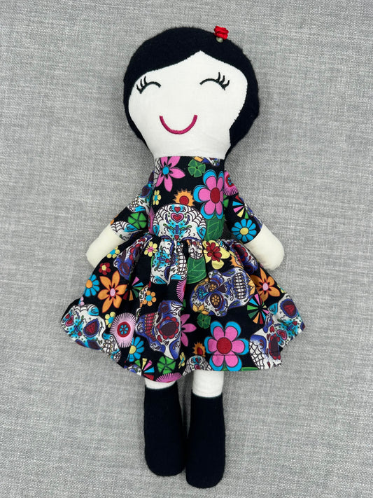 Handmade Folk Art Cloth Doll – 1920s Bob Hair & Skull Print Dress
