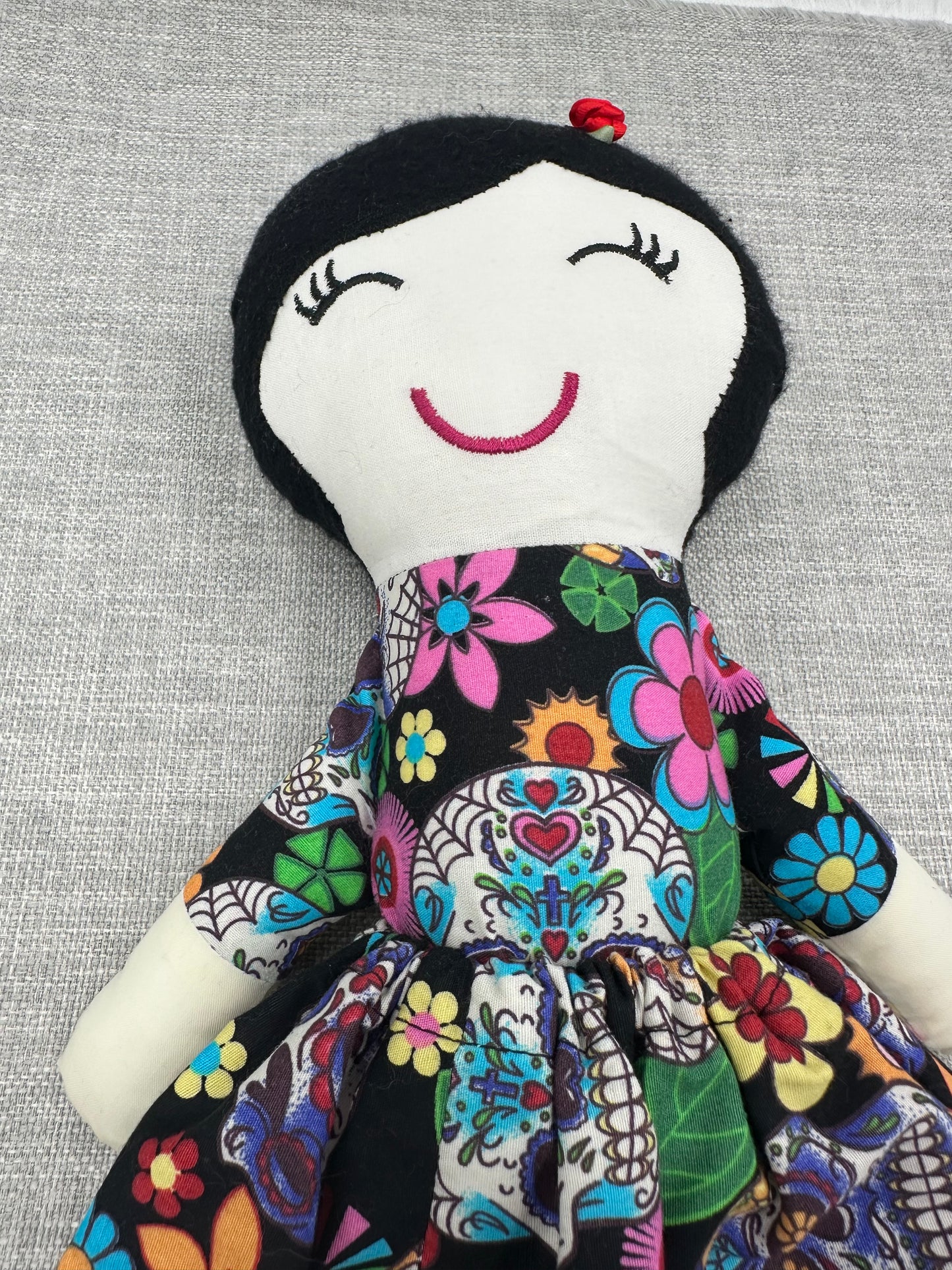 Handmade Folk Art Cloth Doll – 1920s Bob Hair & Skull Print Dress