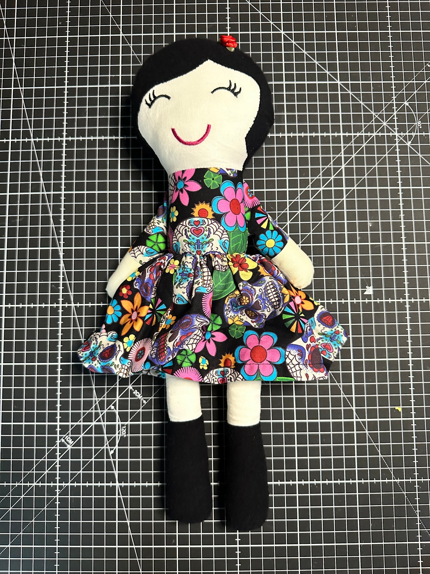 Handmade Folk Art Cloth Doll – 1920s Bob Hair & Skull Print Dress