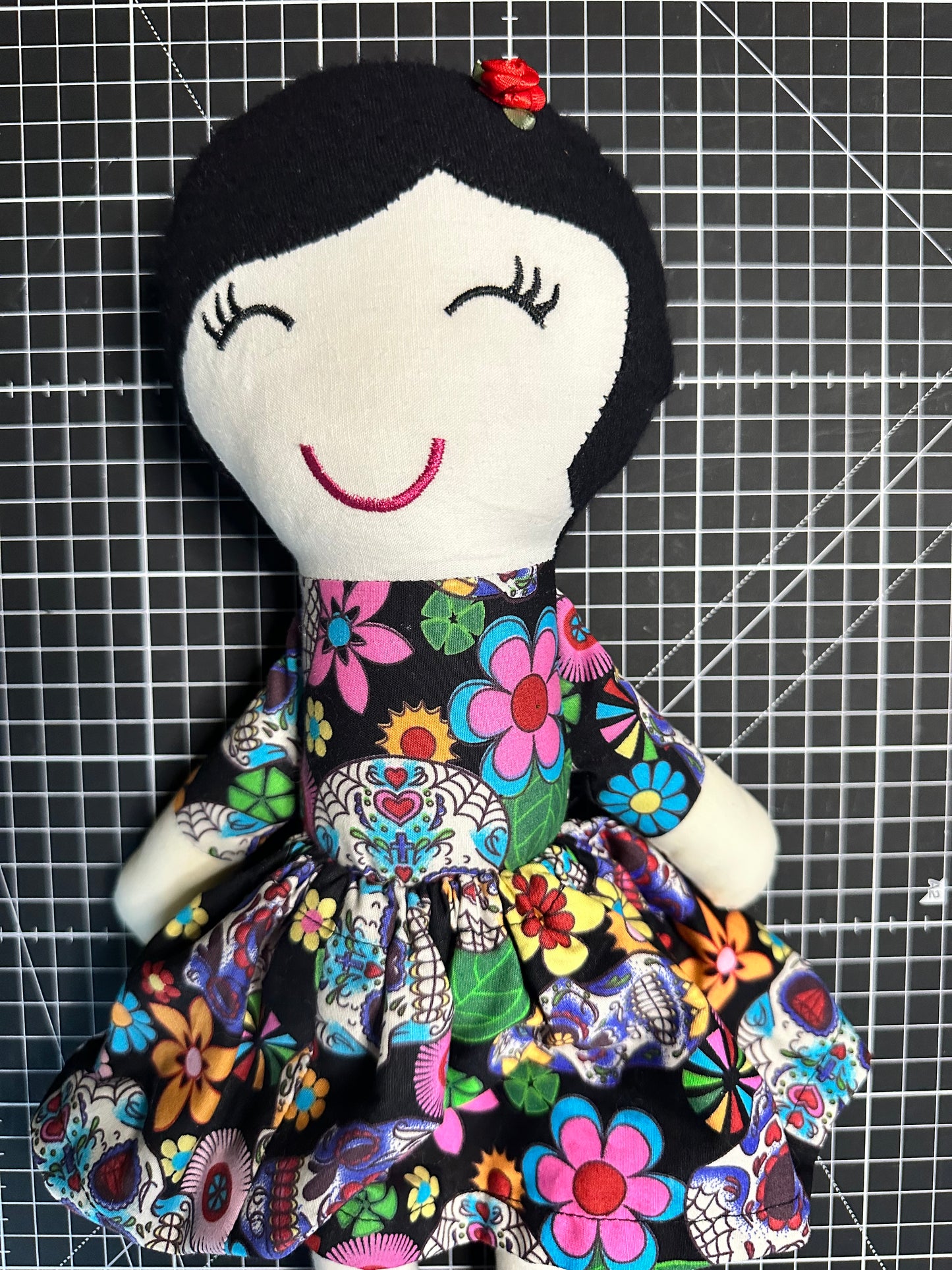 Handmade Folk Art Cloth Doll – 1920s Bob Hair & Skull Print Dress