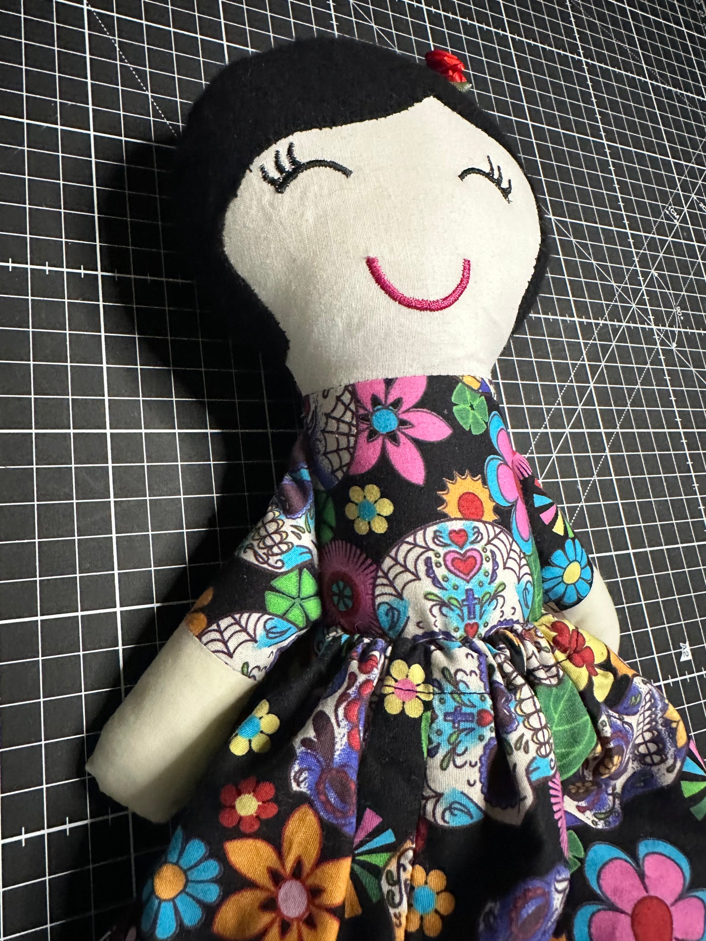 Handmade Folk Art Cloth Doll – 1920s Bob Hair & Skull Print Dress