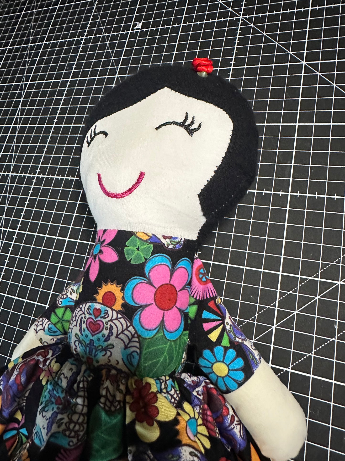 Handmade Folk Art Cloth Doll – 1920s Bob Hair & Skull Print Dress
