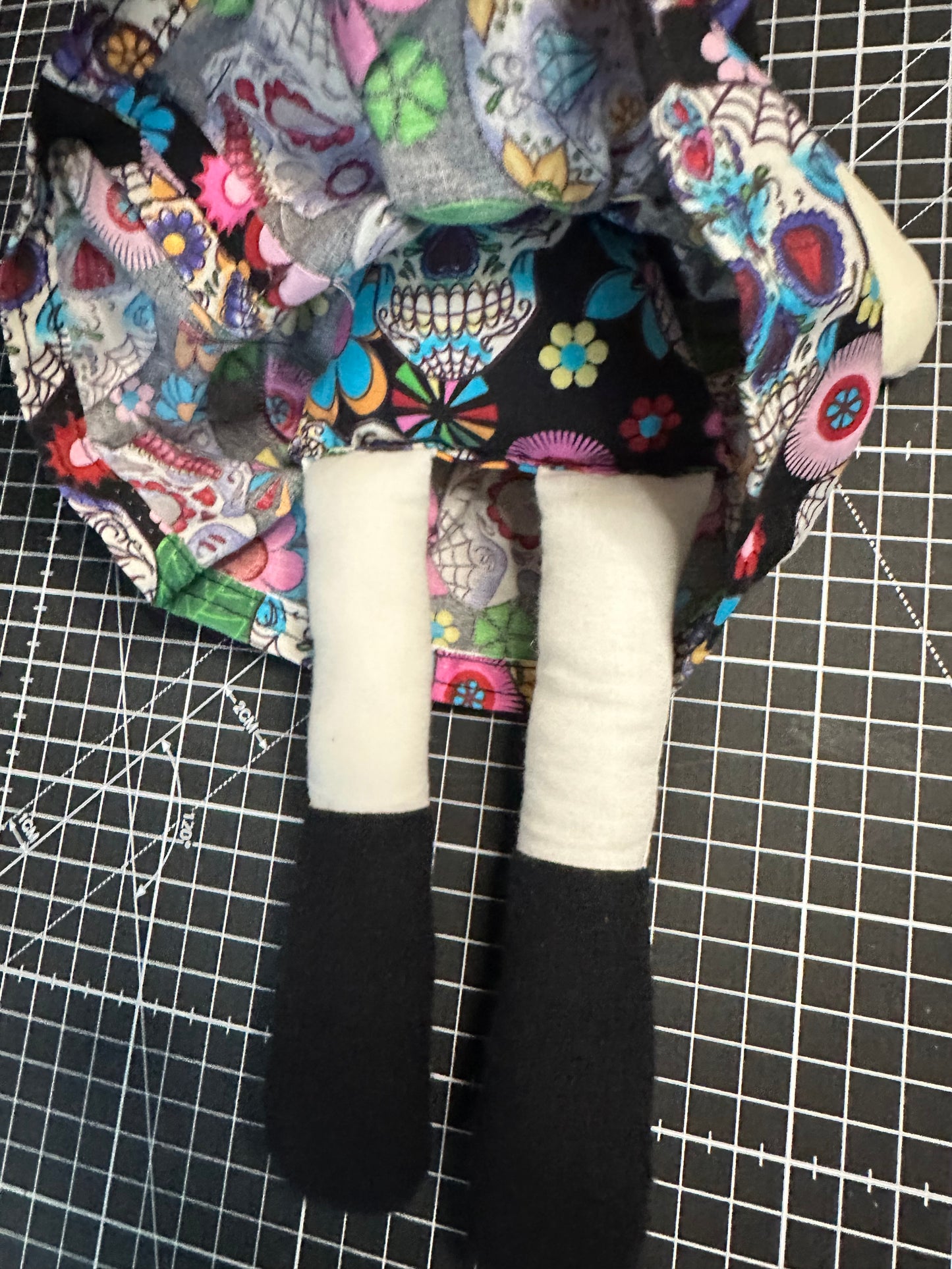 Handmade Folk Art Cloth Doll – 1920s Bob Hair & Skull Print Dress