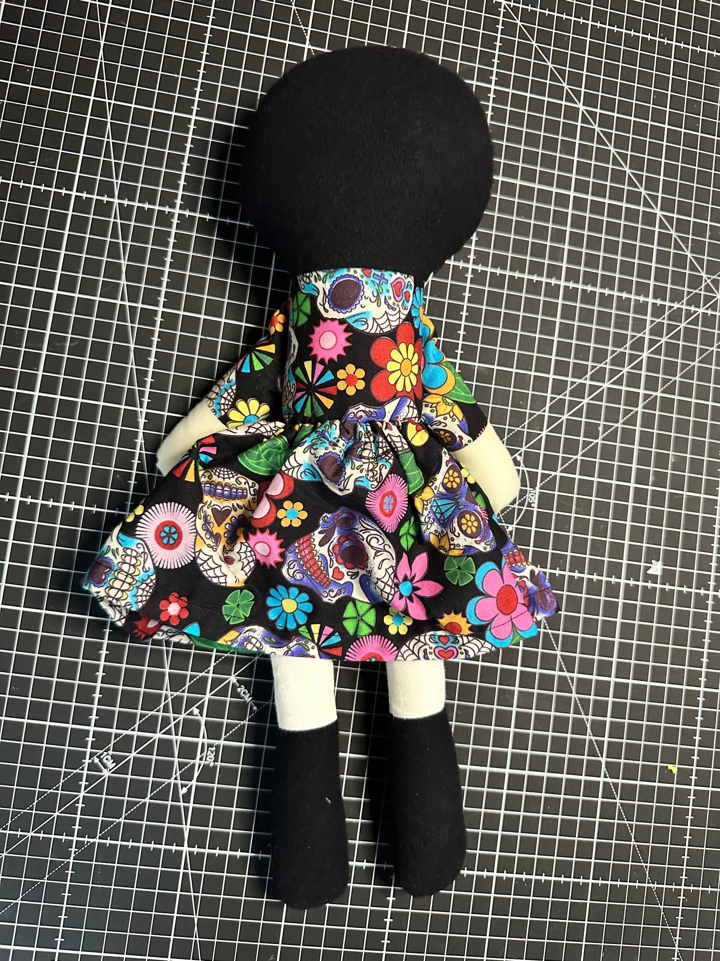 Handmade Folk Art Cloth Doll – 1920s Bob Hair & Skull Print Dress