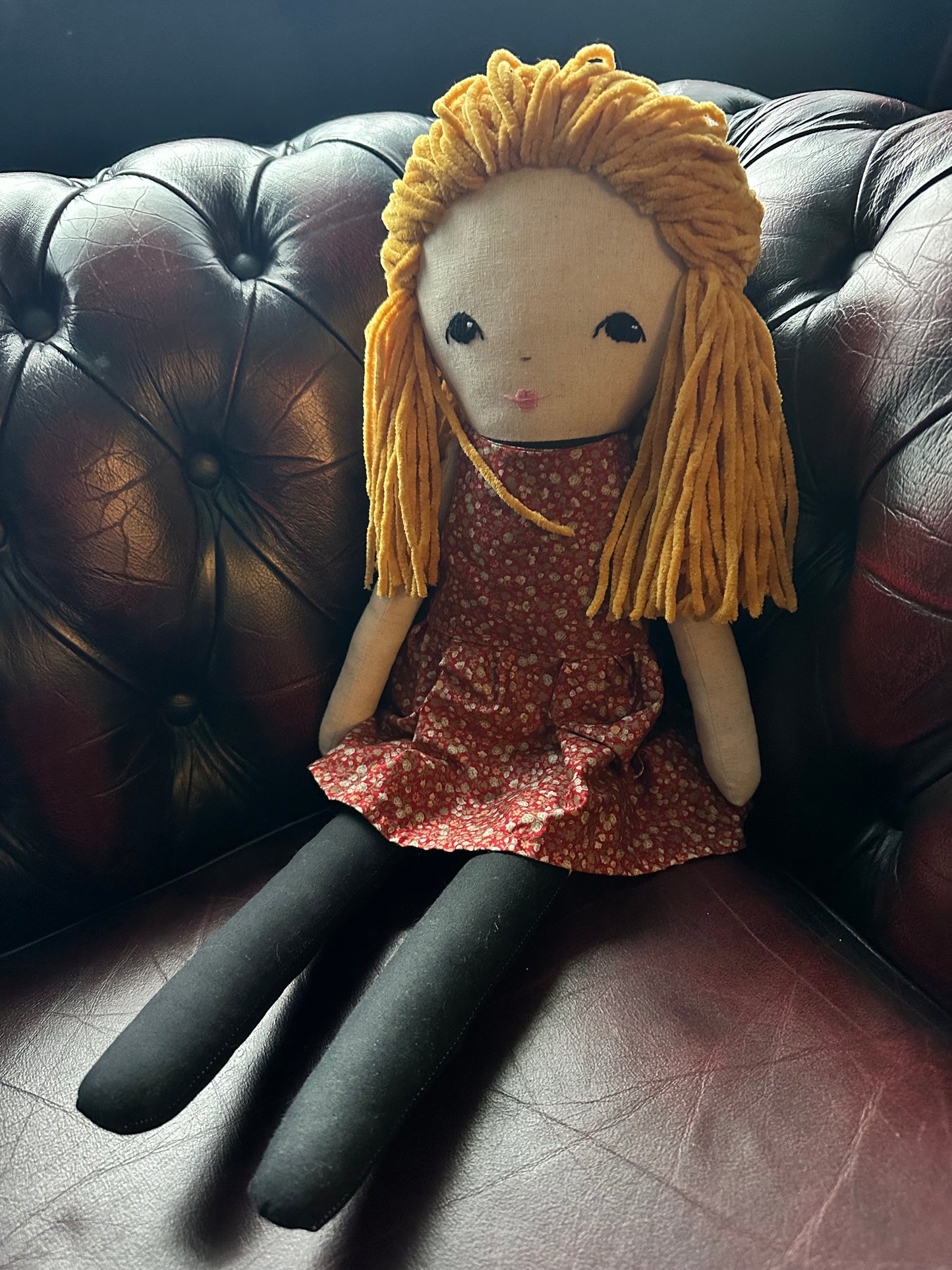 Extra Large Handmade Linen Cloth Doll – Golden Wool Hair & Ditsy Dress – Heirloom Art Doll