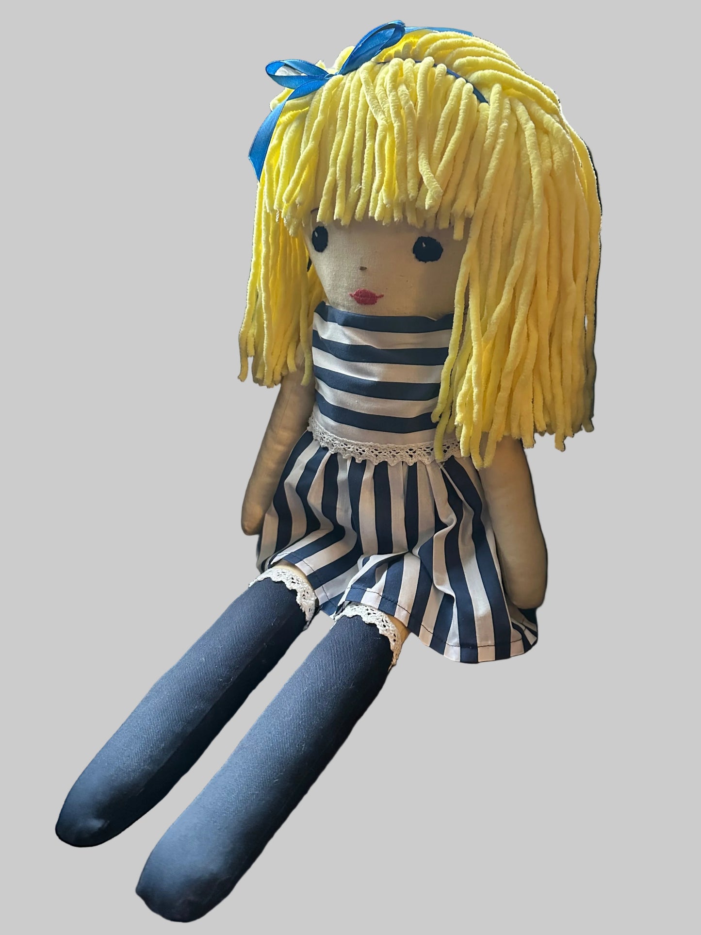 Extra Large Handmade Cloth Doll – Navy Stripe Dress & Blonde Wool Hair – Heirloom Art Doll