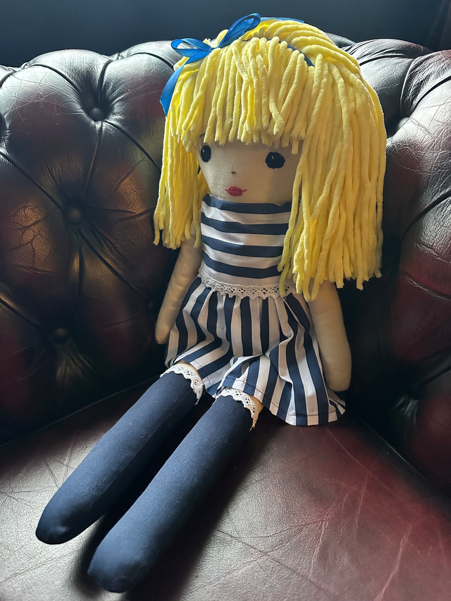 Extra Large Handmade Cloth Doll – Navy Stripe Dress & Blonde Wool Hair – Heirloom Art Doll