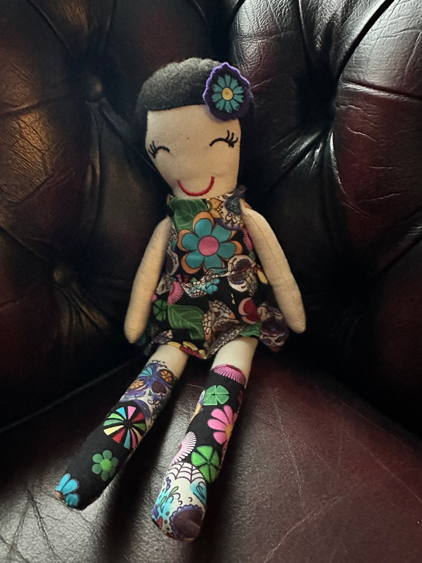 Handmade Folk Art Cloth Doll – 1920s Bob Hair & Skull Print Dress