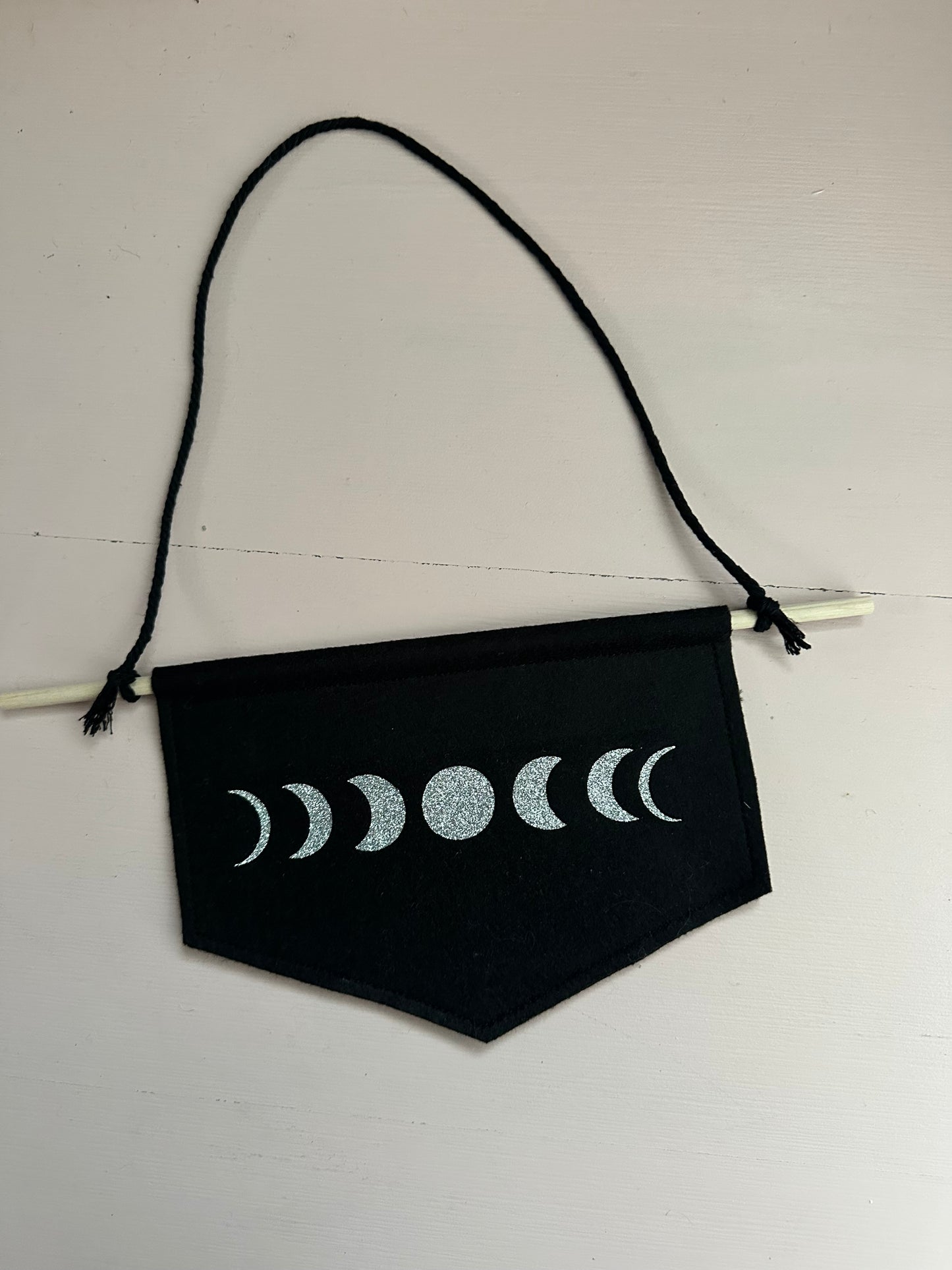 Moon Phases Mini Wall Hanging – Pagan Felt Banner with Silver Glitter