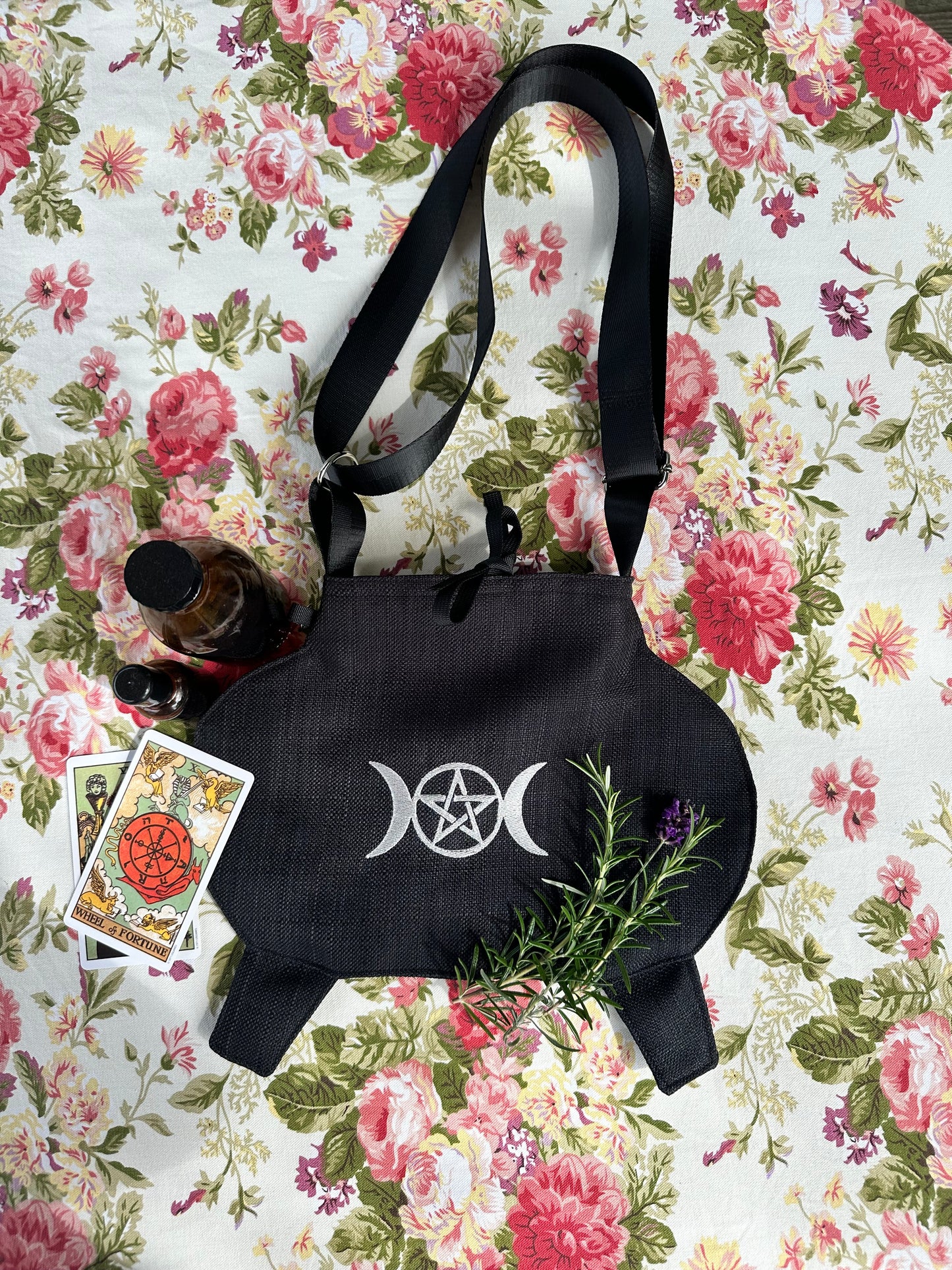 Small Black Cauldron Bag / Crossbody Purse  - Triple Goddess Pentagram Edition