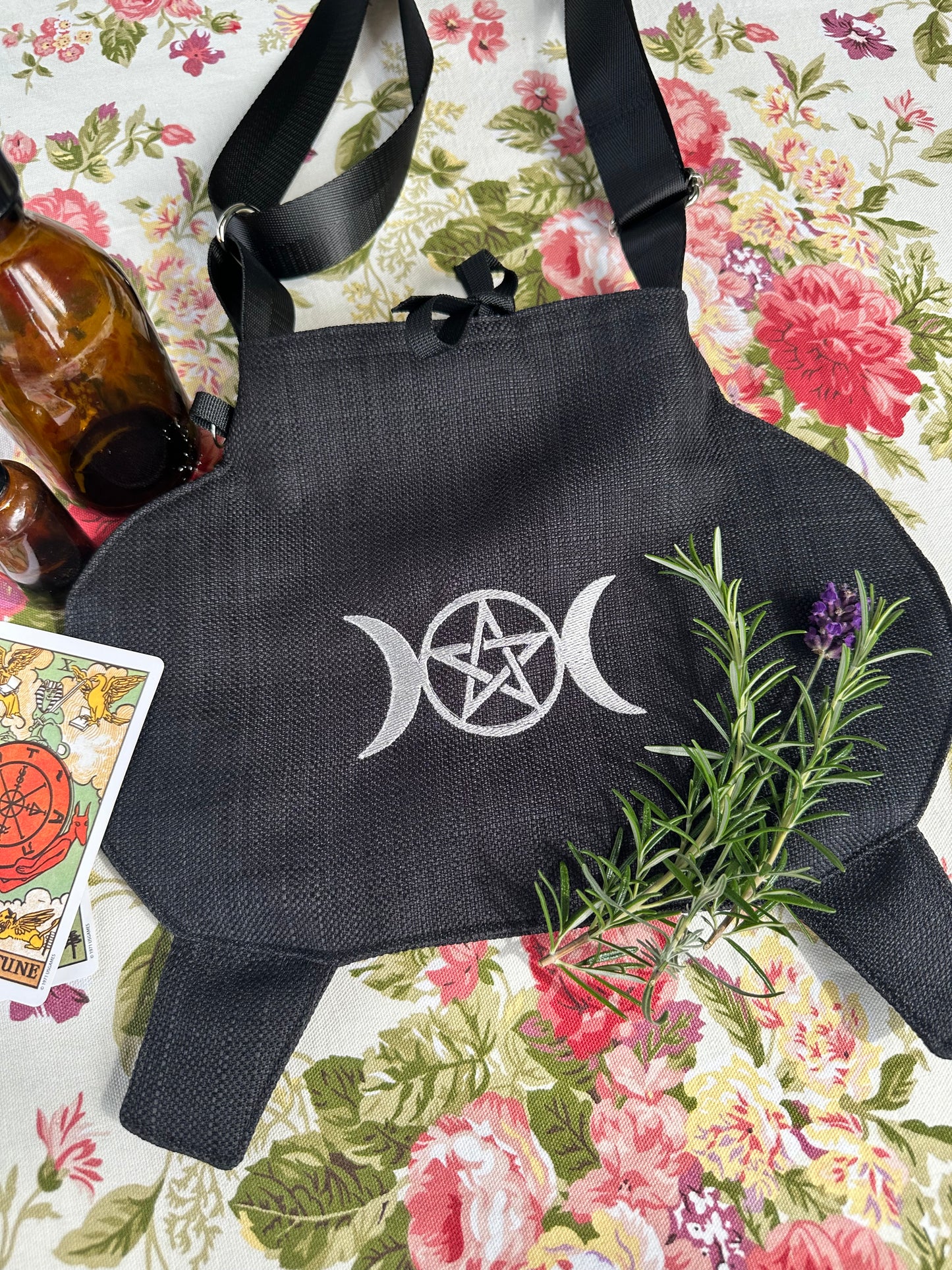 Small Black Cauldron Bag / Crossbody Purse  - Triple Goddess Pentagram Edition