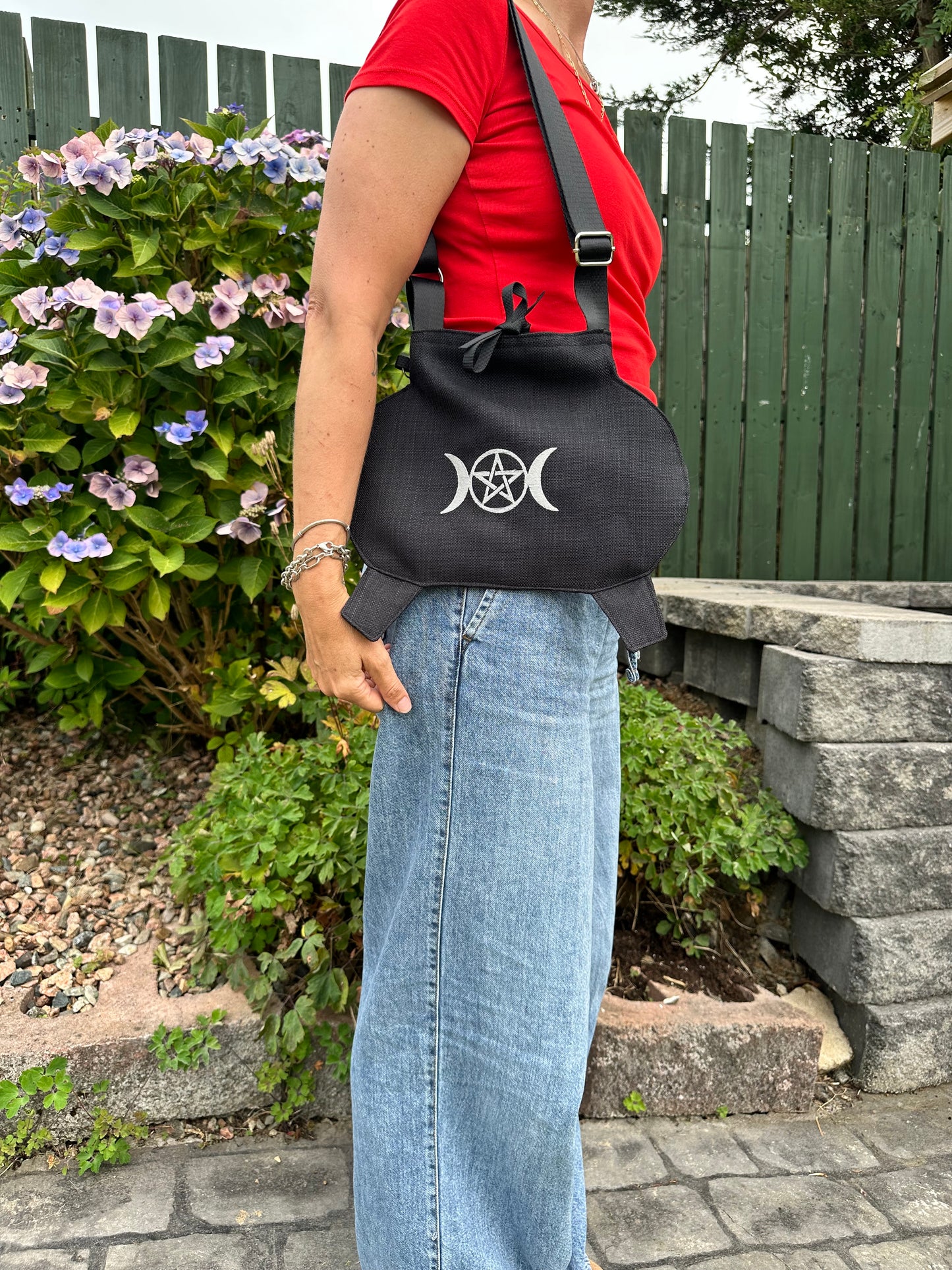 Small Black Cauldron Bag / Crossbody Purse  - Triple Goddess Pentagram Edition