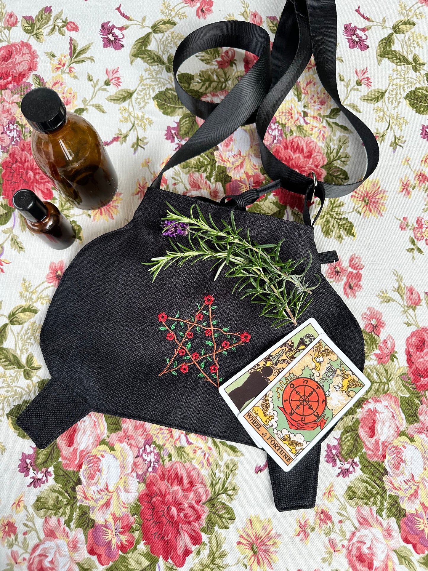 Small Black Cauldron Bag / Crossbody Purse  - Floral Pentagram Edition