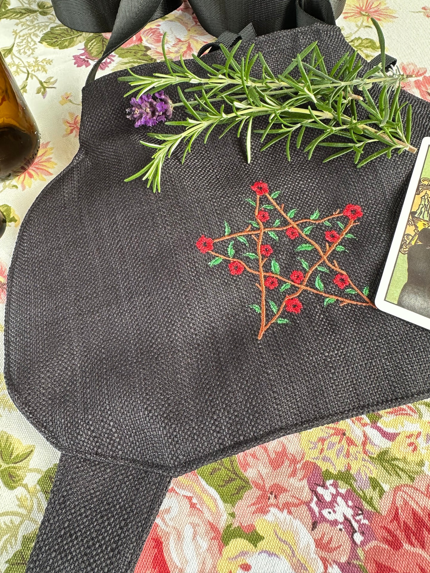 Small Black Cauldron Bag / Crossbody Purse  - Floral Pentagram Edition