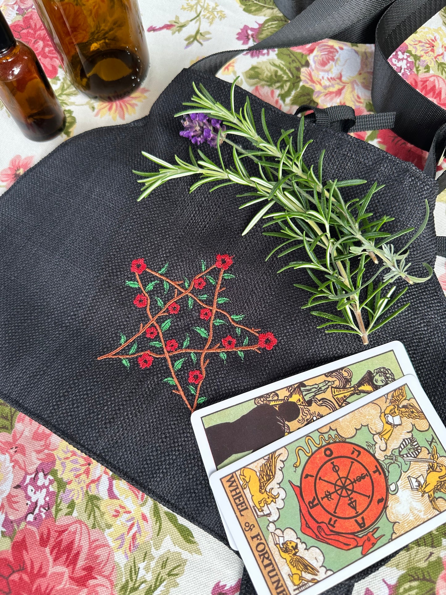 Small Black Cauldron Bag / Crossbody Purse  - Floral Pentagram Edition