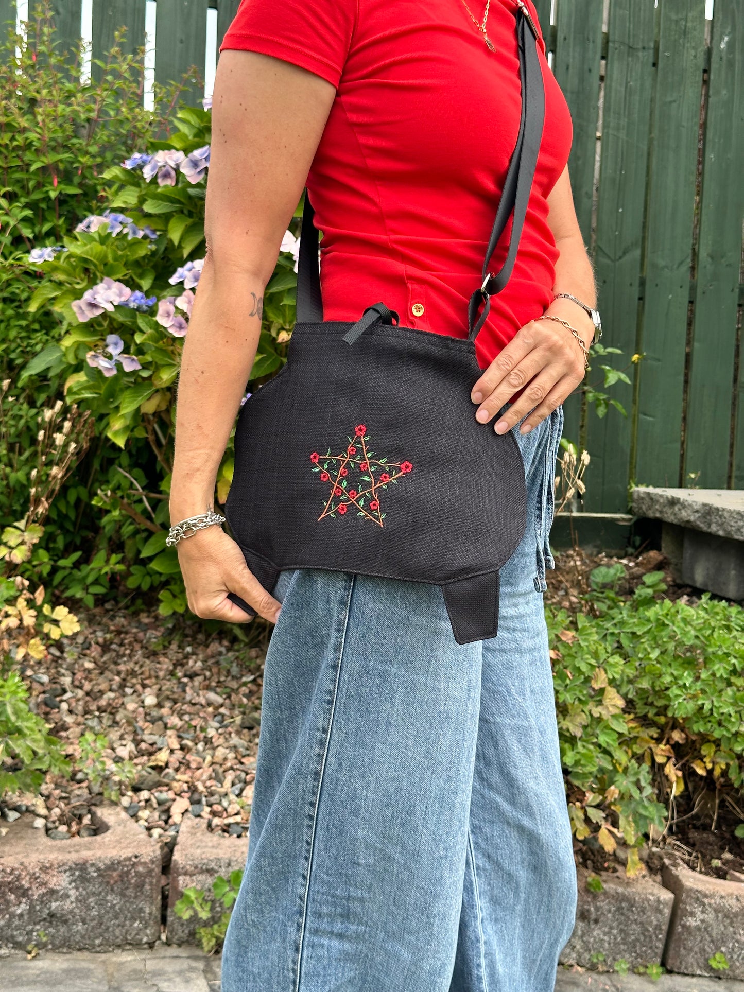 Small Black Cauldron Bag / Crossbody Purse  - Floral Pentagram Edition