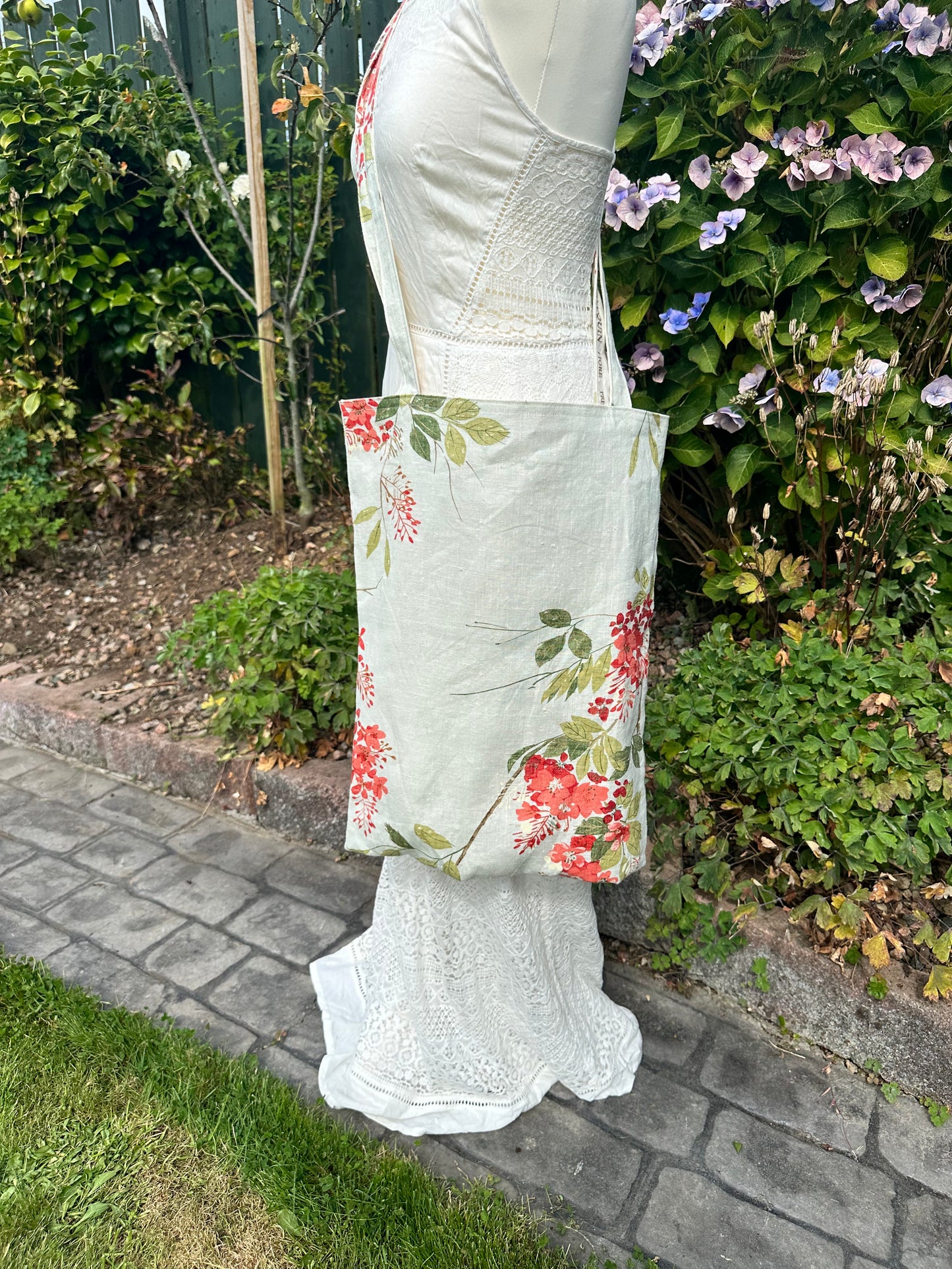 Handmade Extra Large Ivory Linen Tote Bag with Spring Floral Print