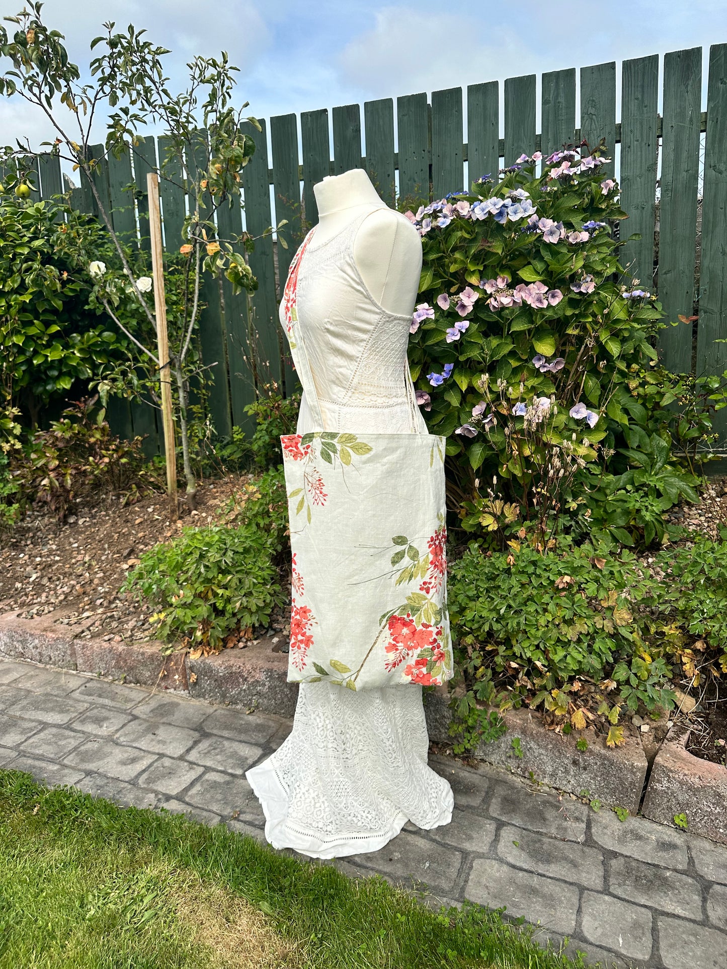 Handmade Extra Large Ivory Linen Tote Bag with Spring Floral Print