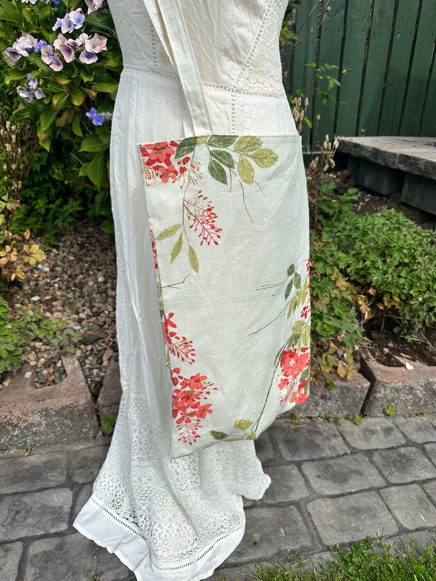 Handmade Extra Large Ivory Linen Tote Bag with Spring Floral Print